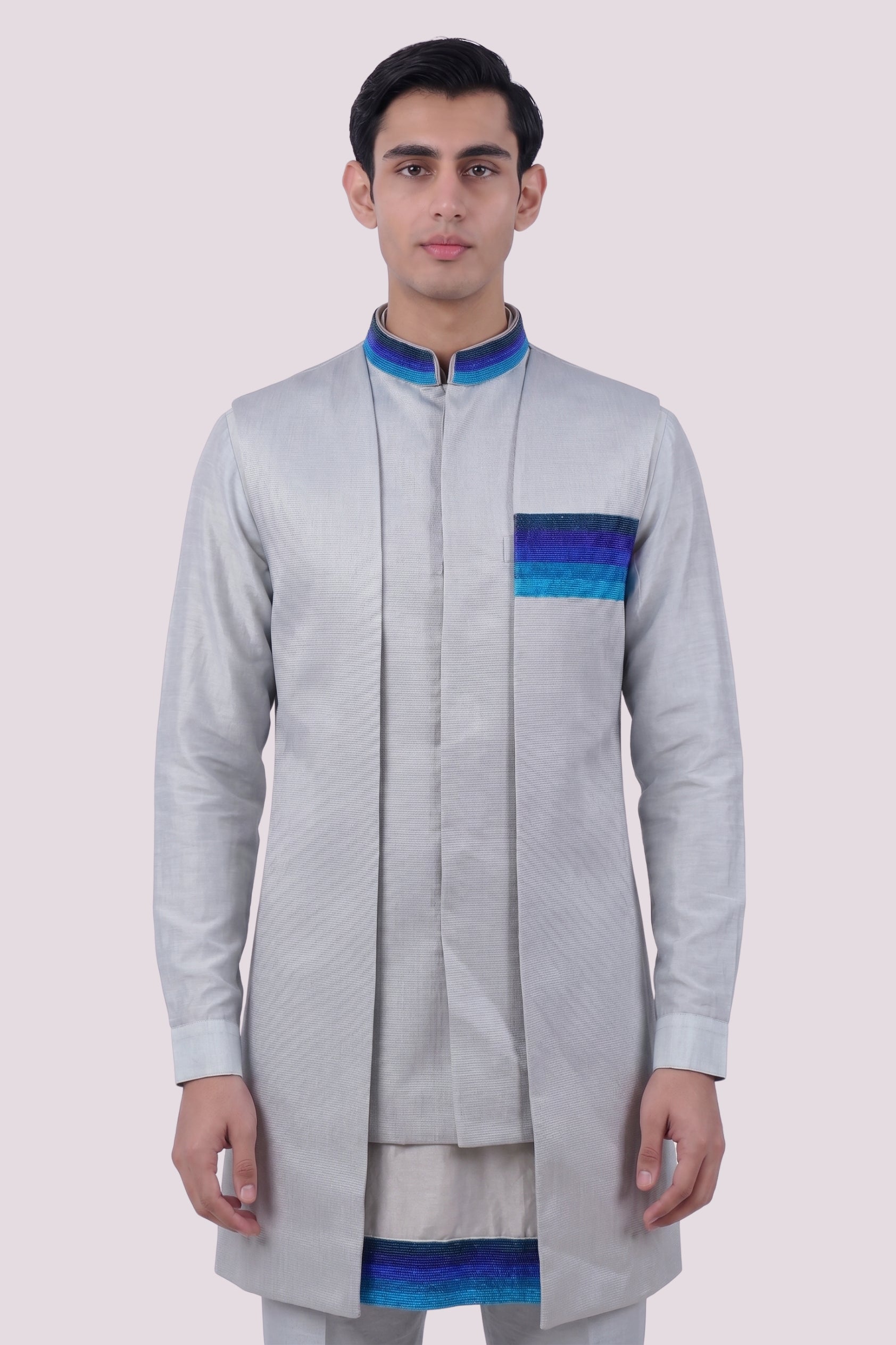 The Silver Blue Stripe Long Bundi Set