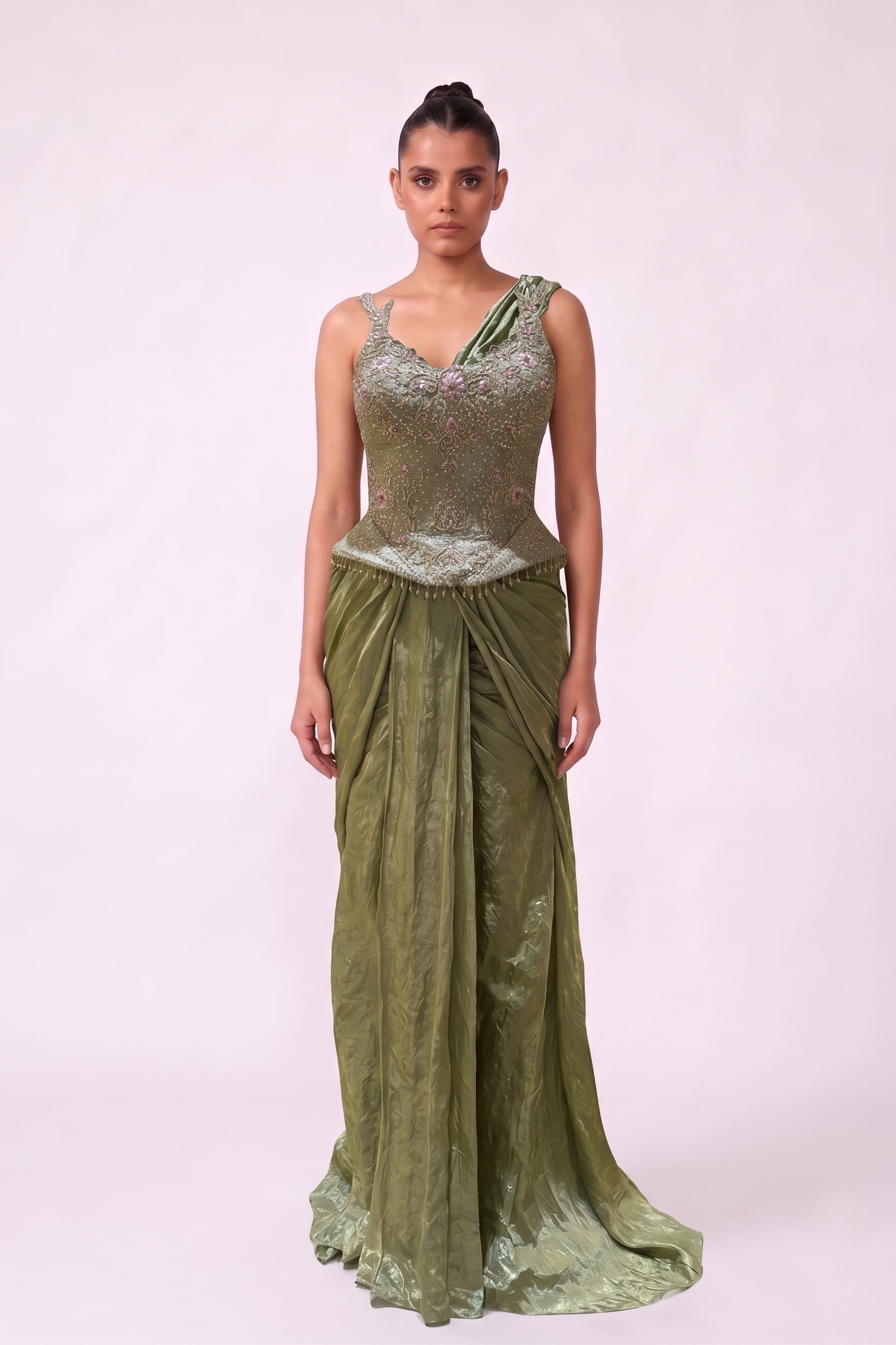 Sage Vine Corset Saree - Full View