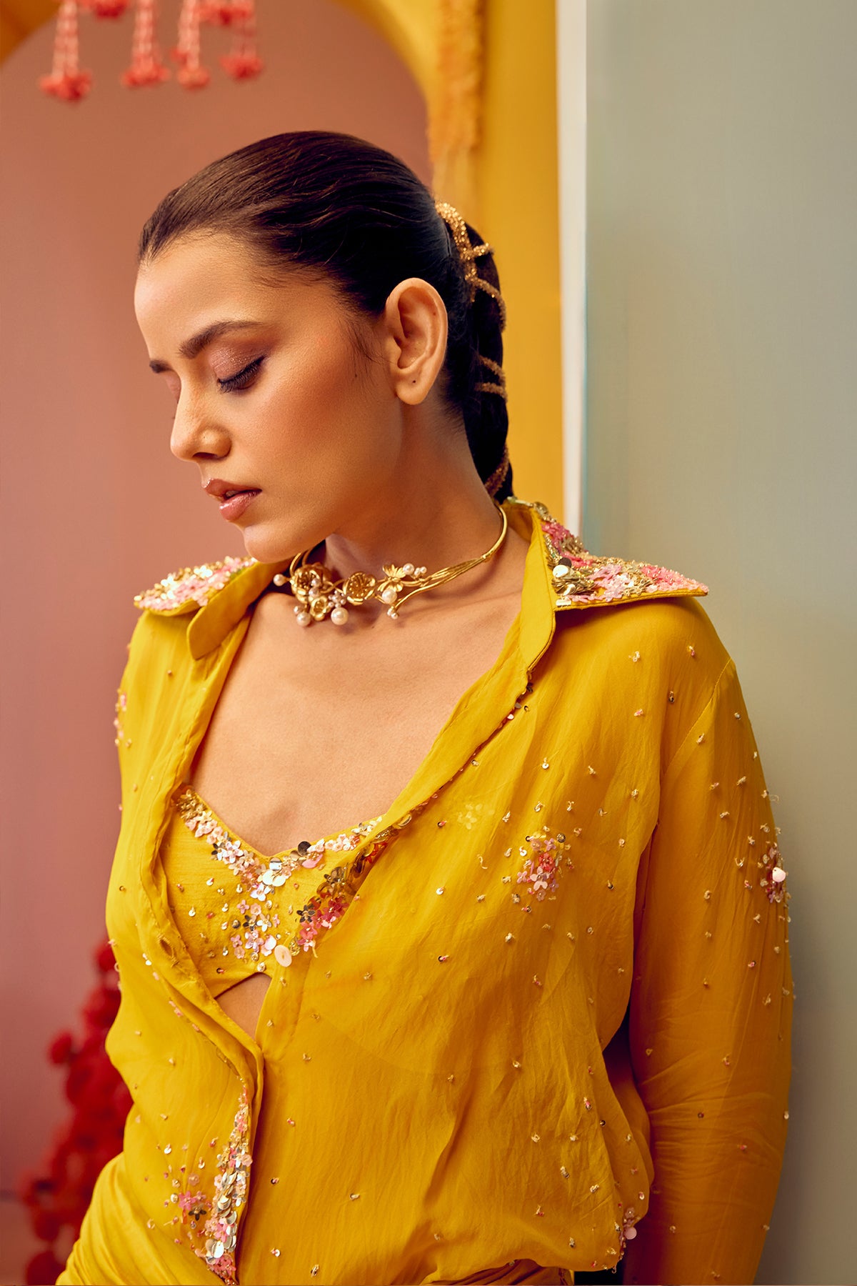 Yellow Pre Draped Saree