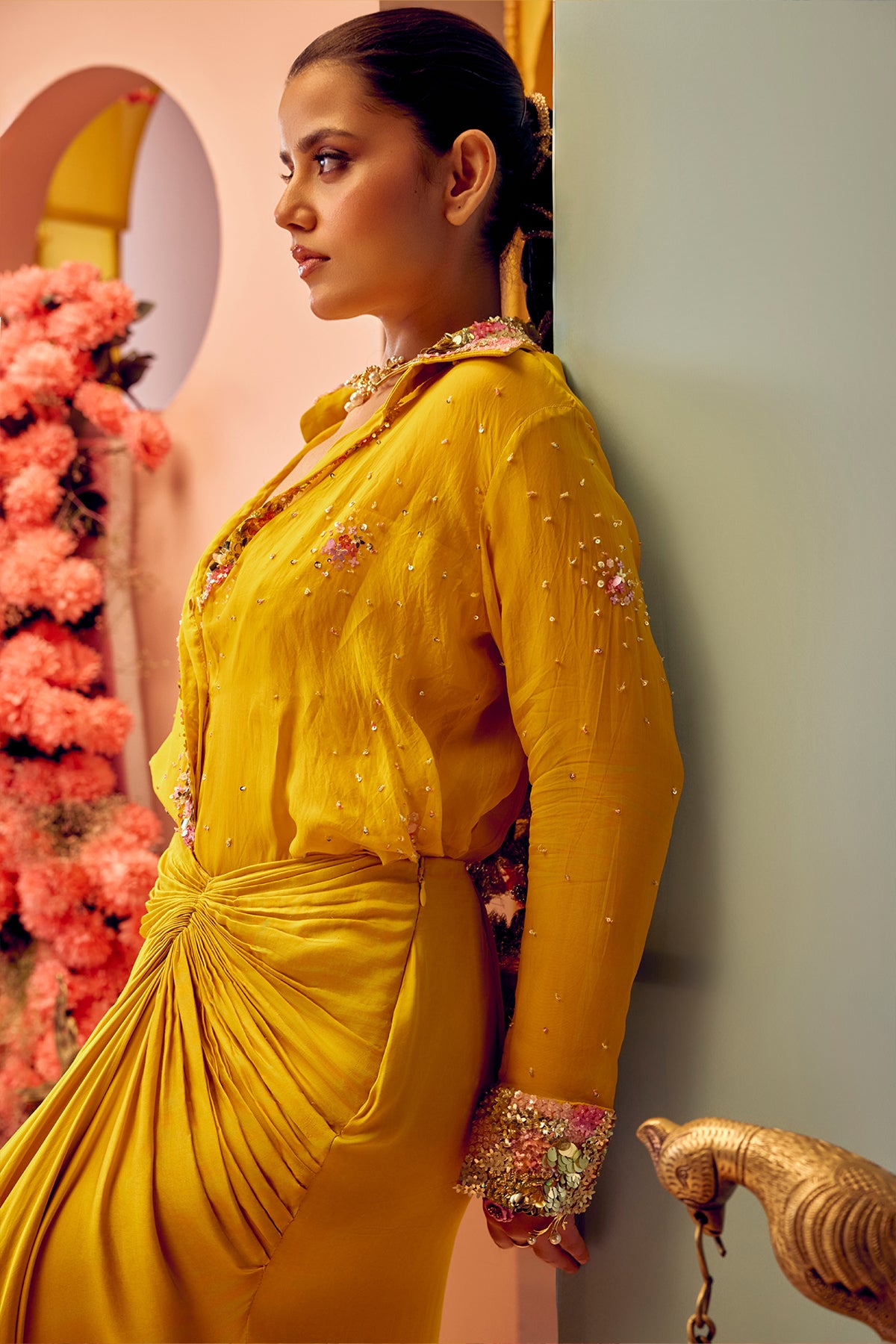 Yellow Pre Draped Saree