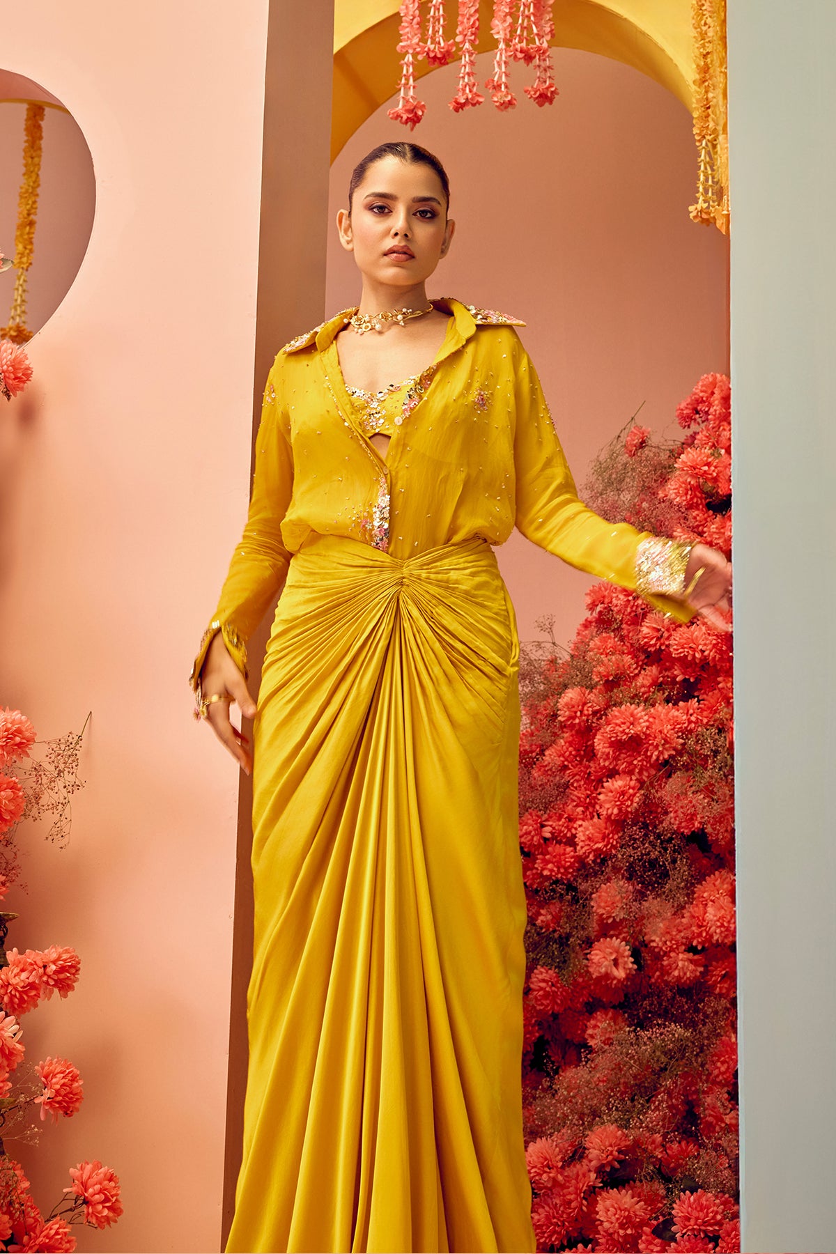 Yellow Pre Draped Saree