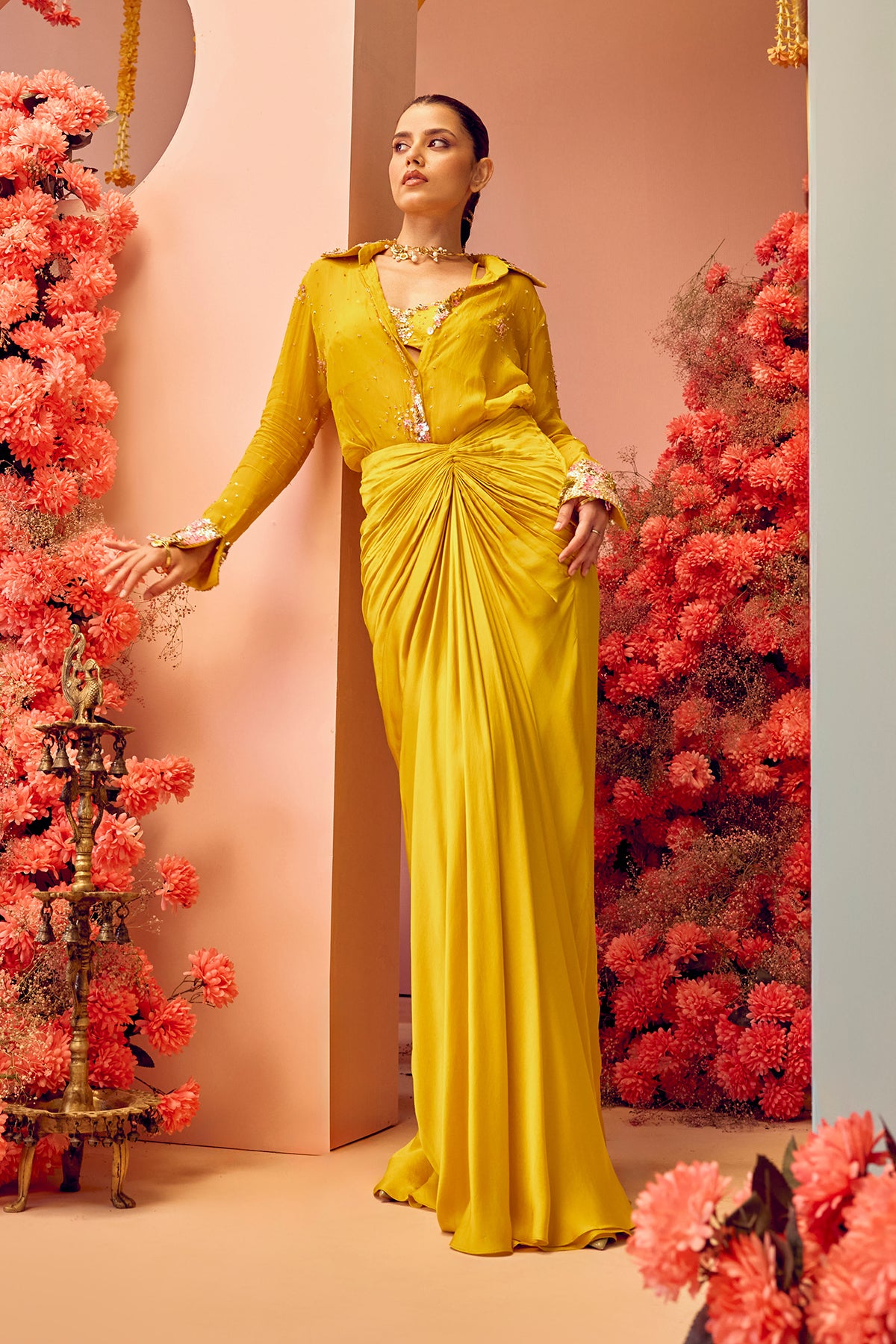 Yellow Pre Draped Saree