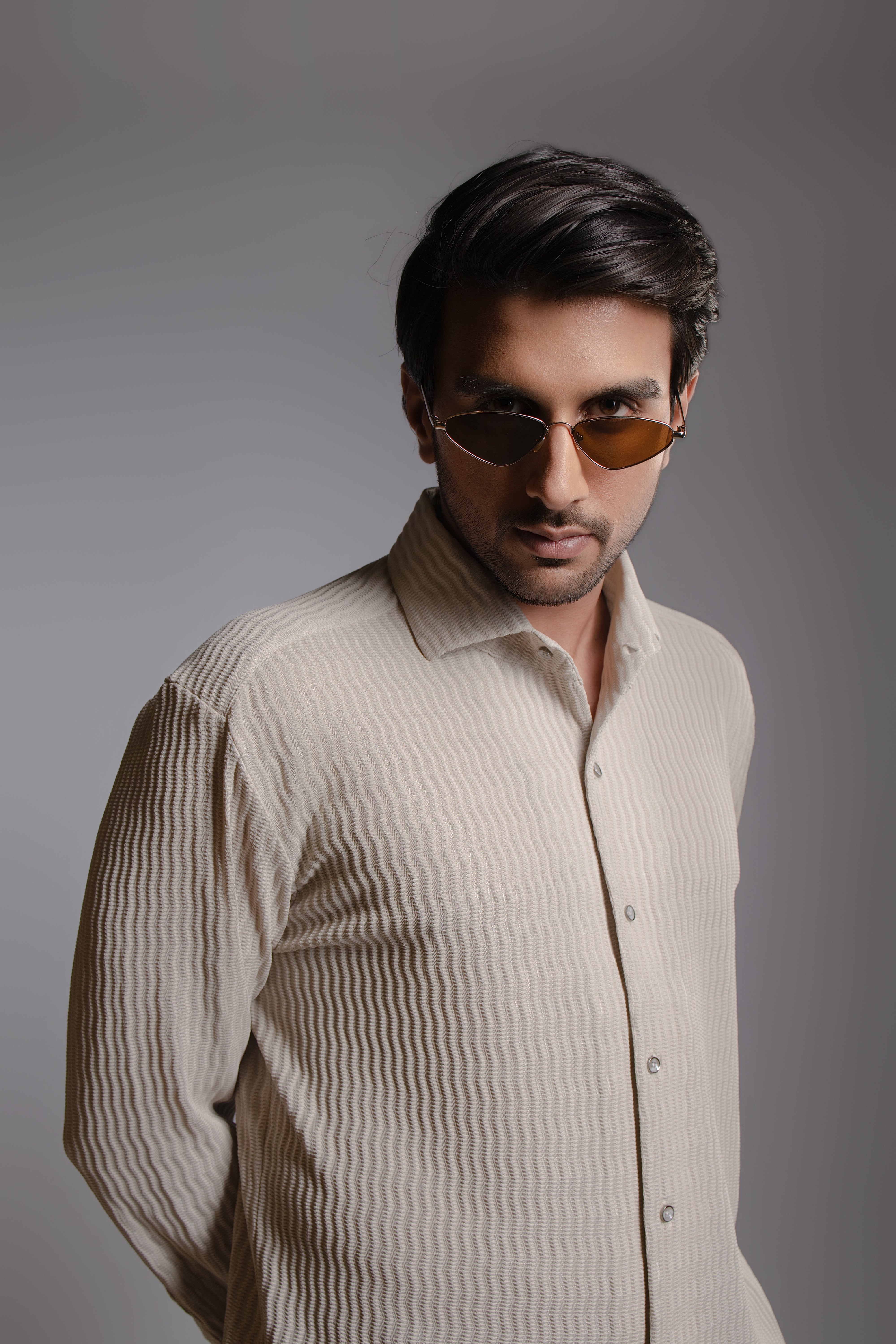 Cream All-Over Vertical Wave Pintuck Textured Shirt