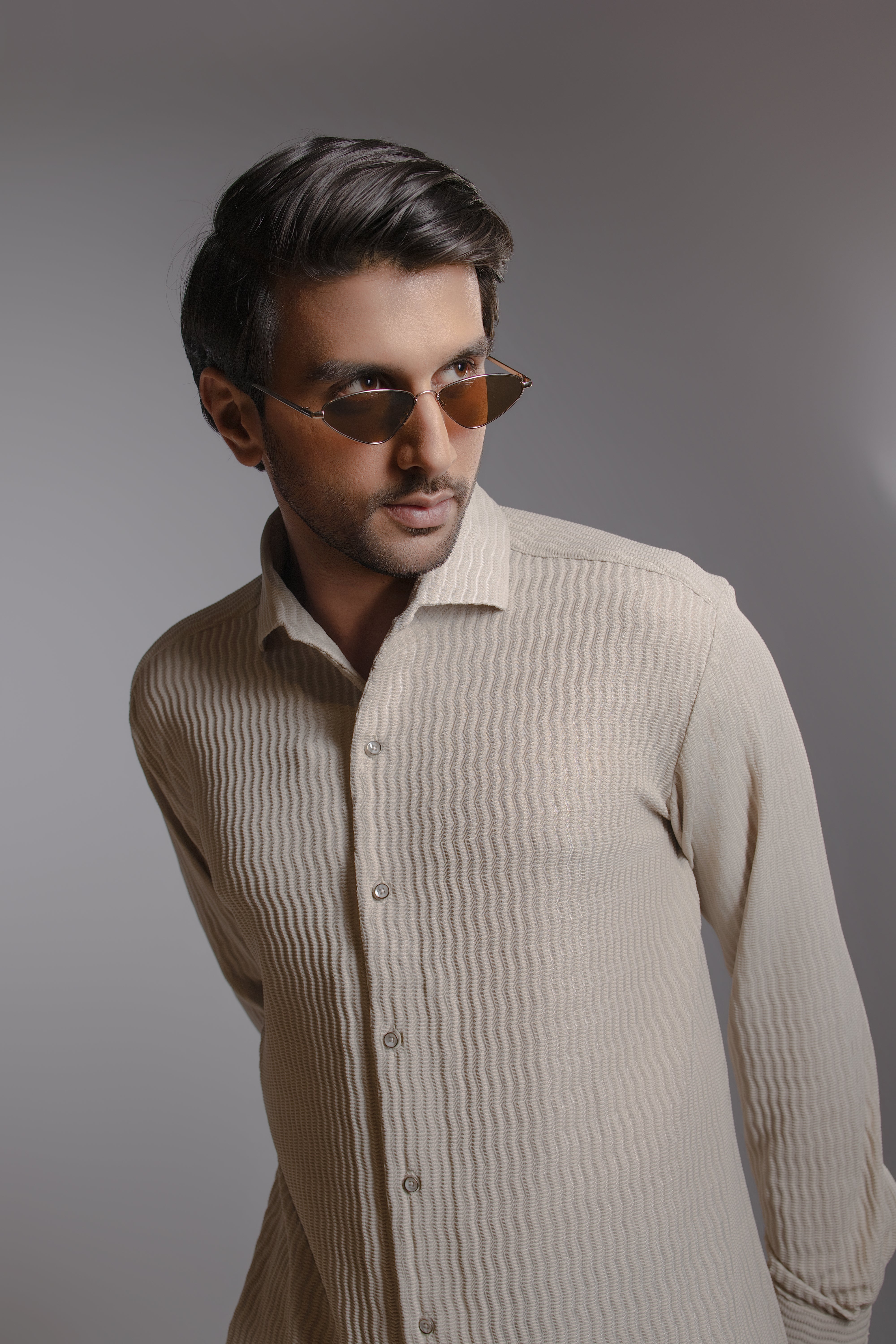 Cream All-Over Vertical Wave Pintuck Textured Shirt