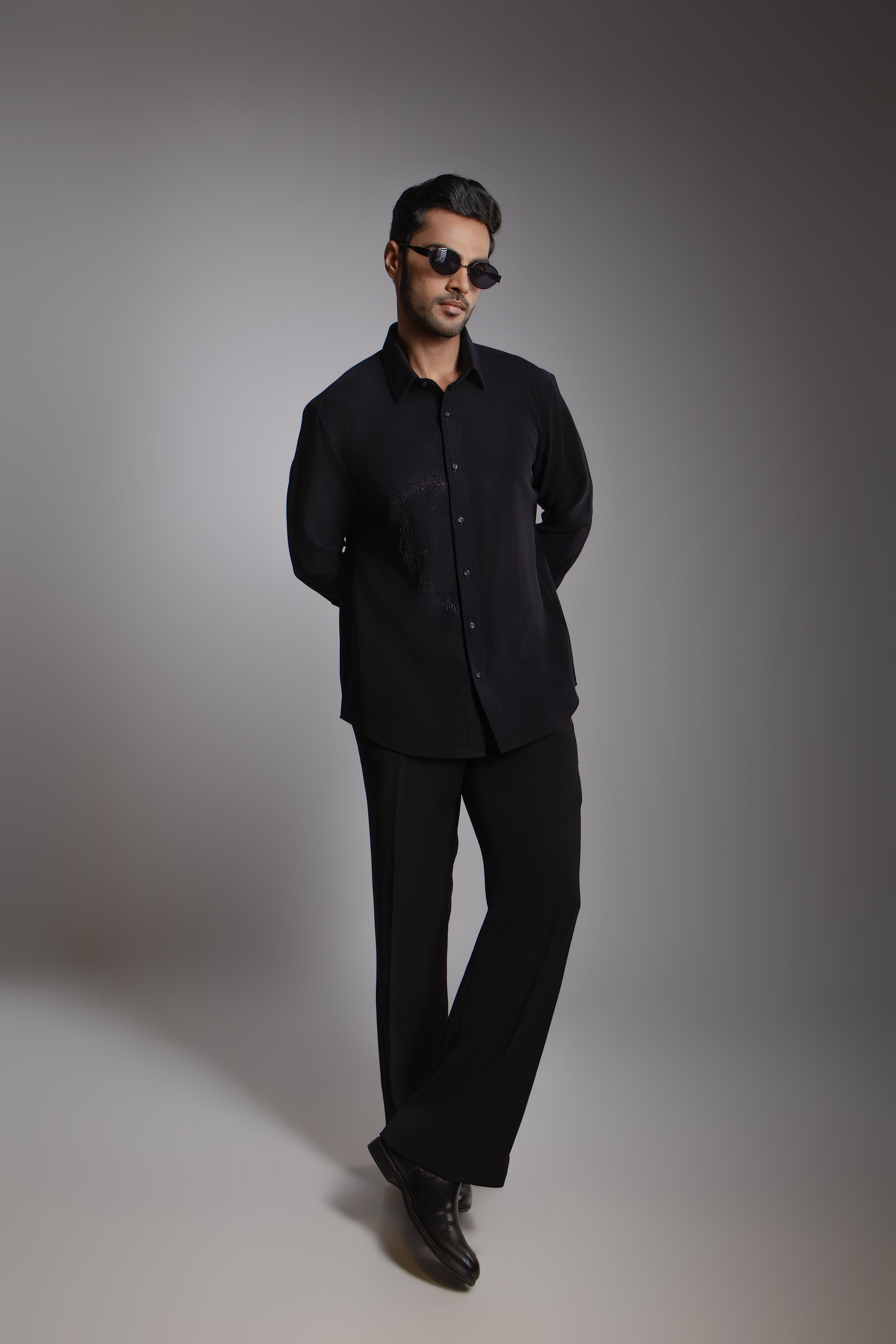 All Black Tonal Dragon Sequin Embroidered Shirt