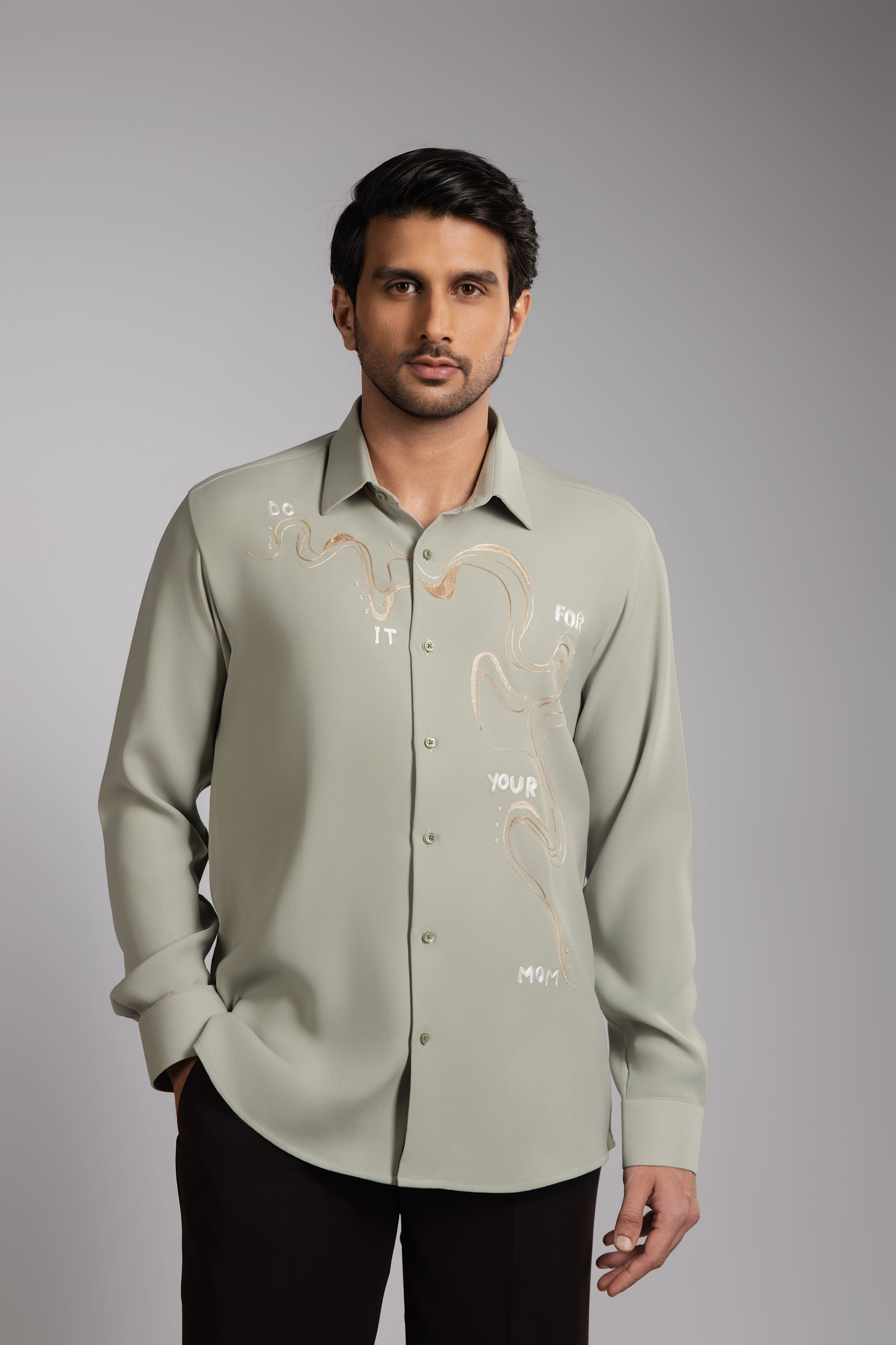 Sage Green Do It For Your Mom Slogan Embroidered Shirt