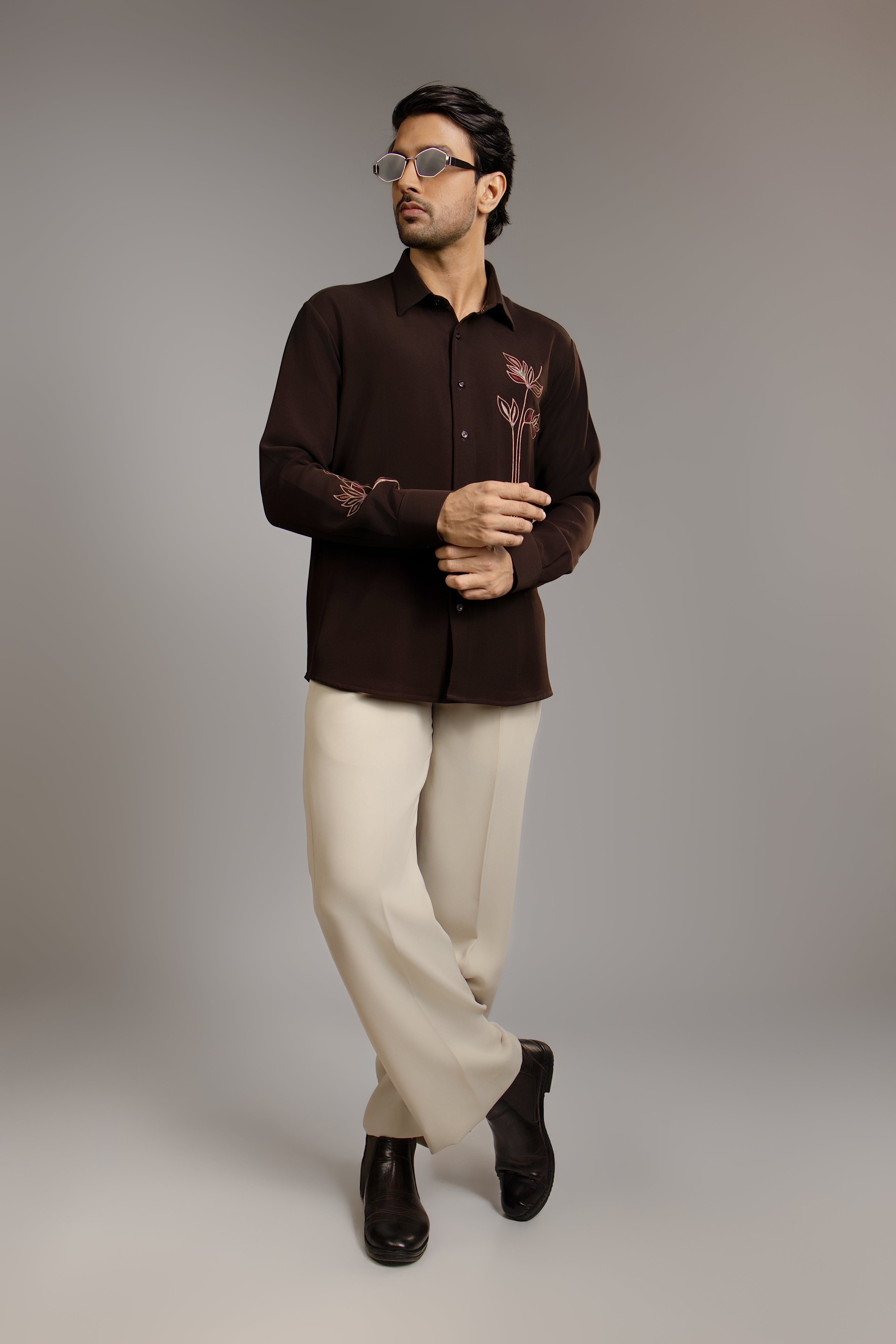 Rooted in Espresso — Botanical Line Embroidered Shirt