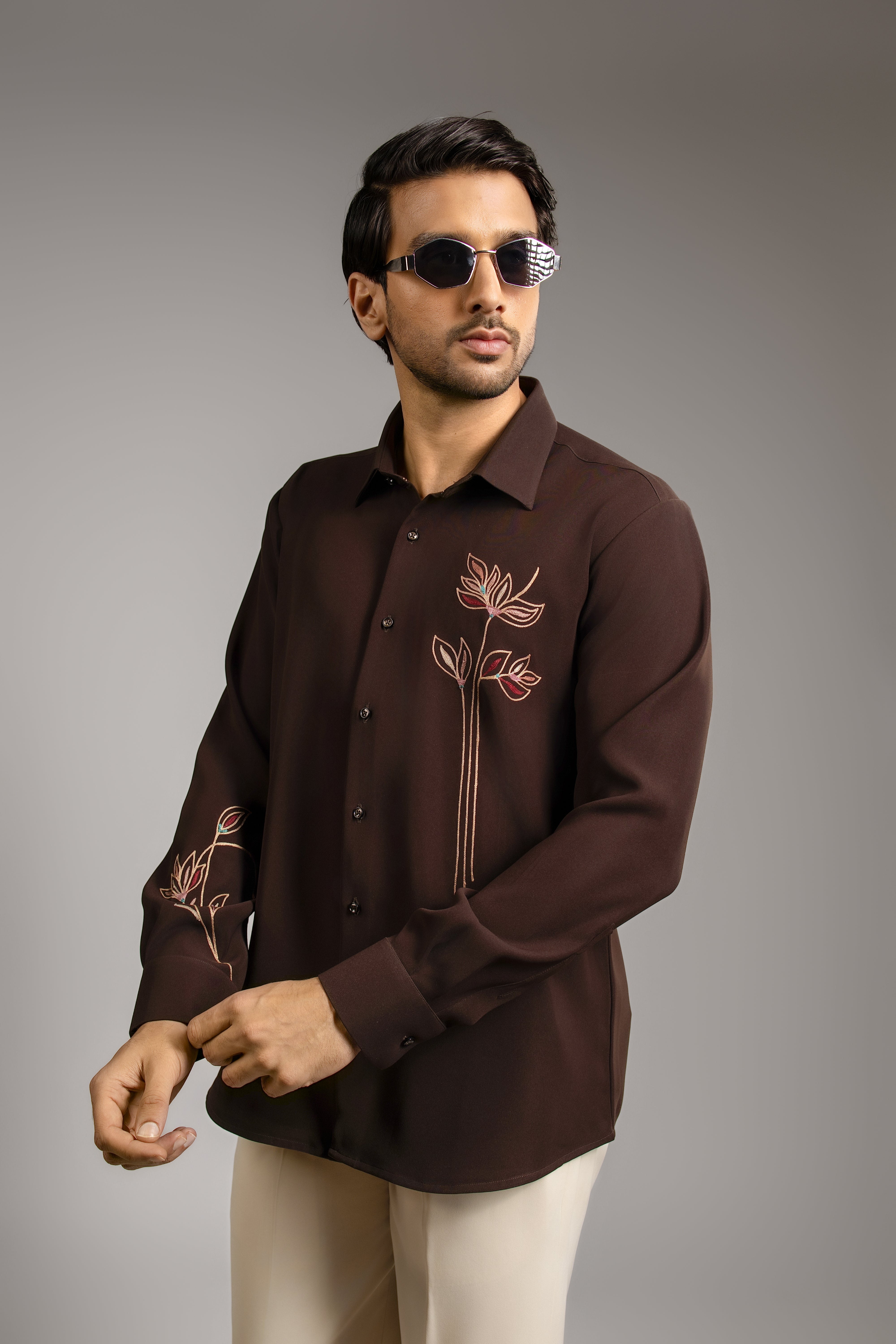 Rooted in Espresso — Botanical Line Embroidered Shirt