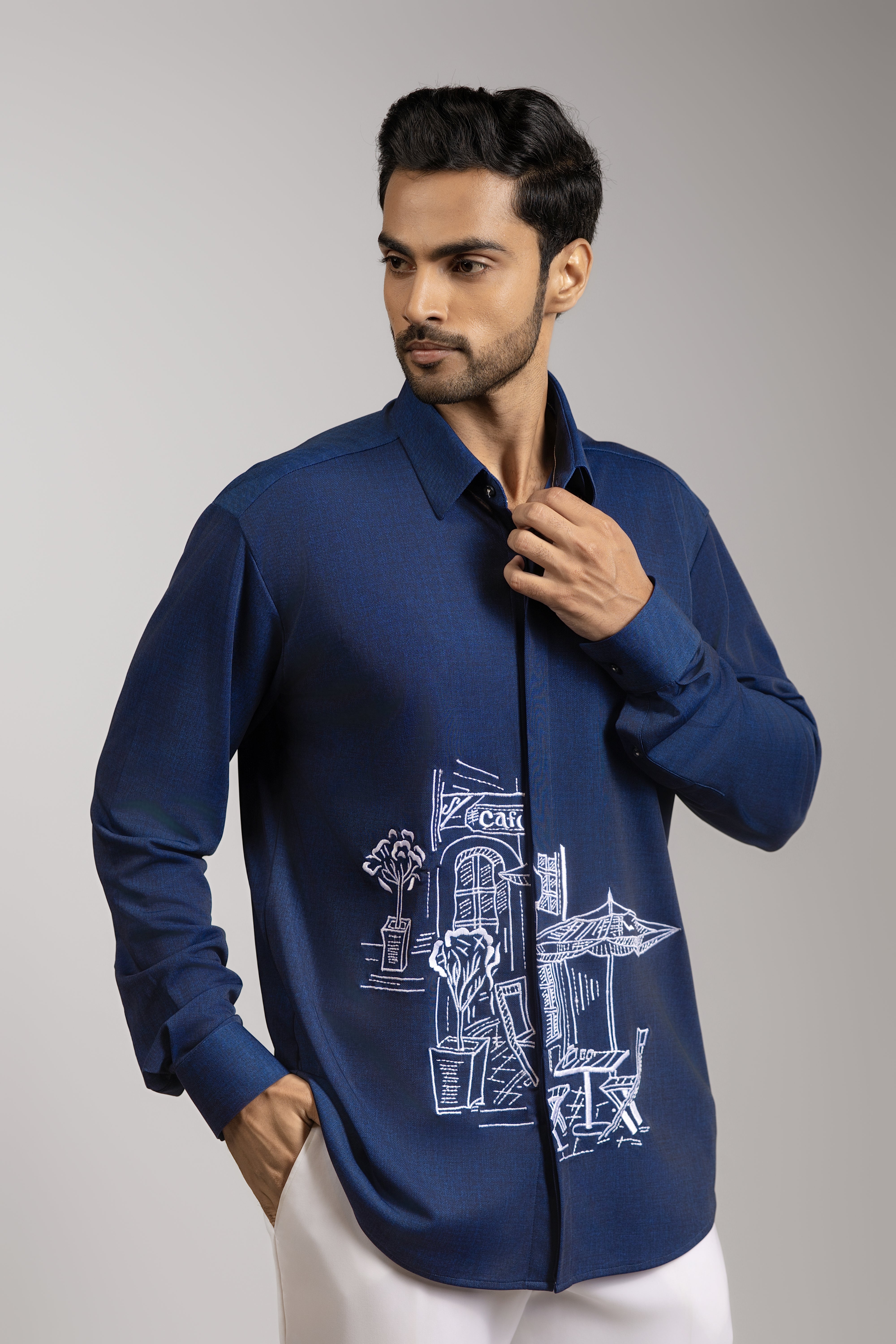 The Café on Rue Somewhere — Sketch Embroidered Ink Blue Shirt