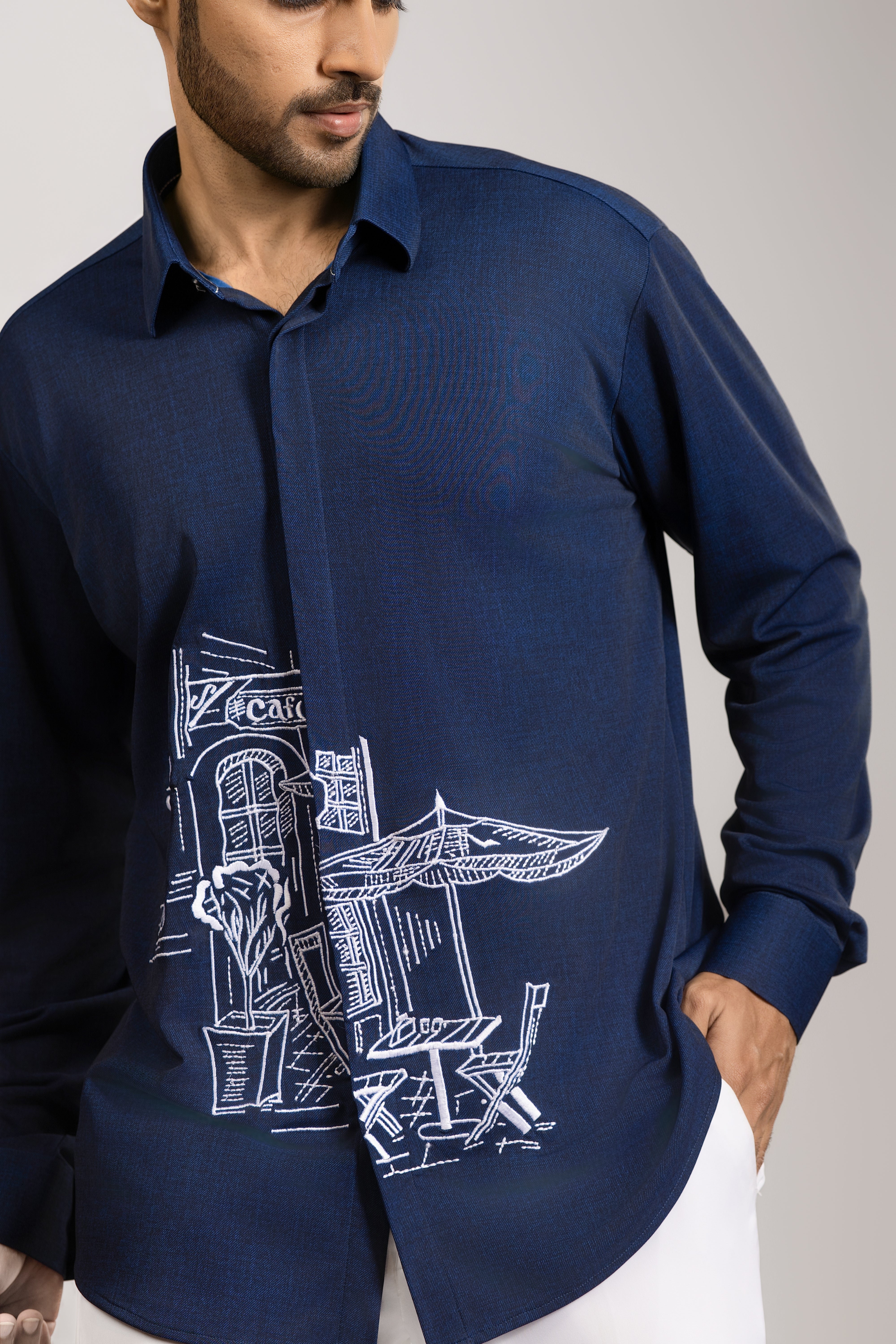 The Café on Rue Somewhere — Sketch Embroidered Ink Blue Shirt