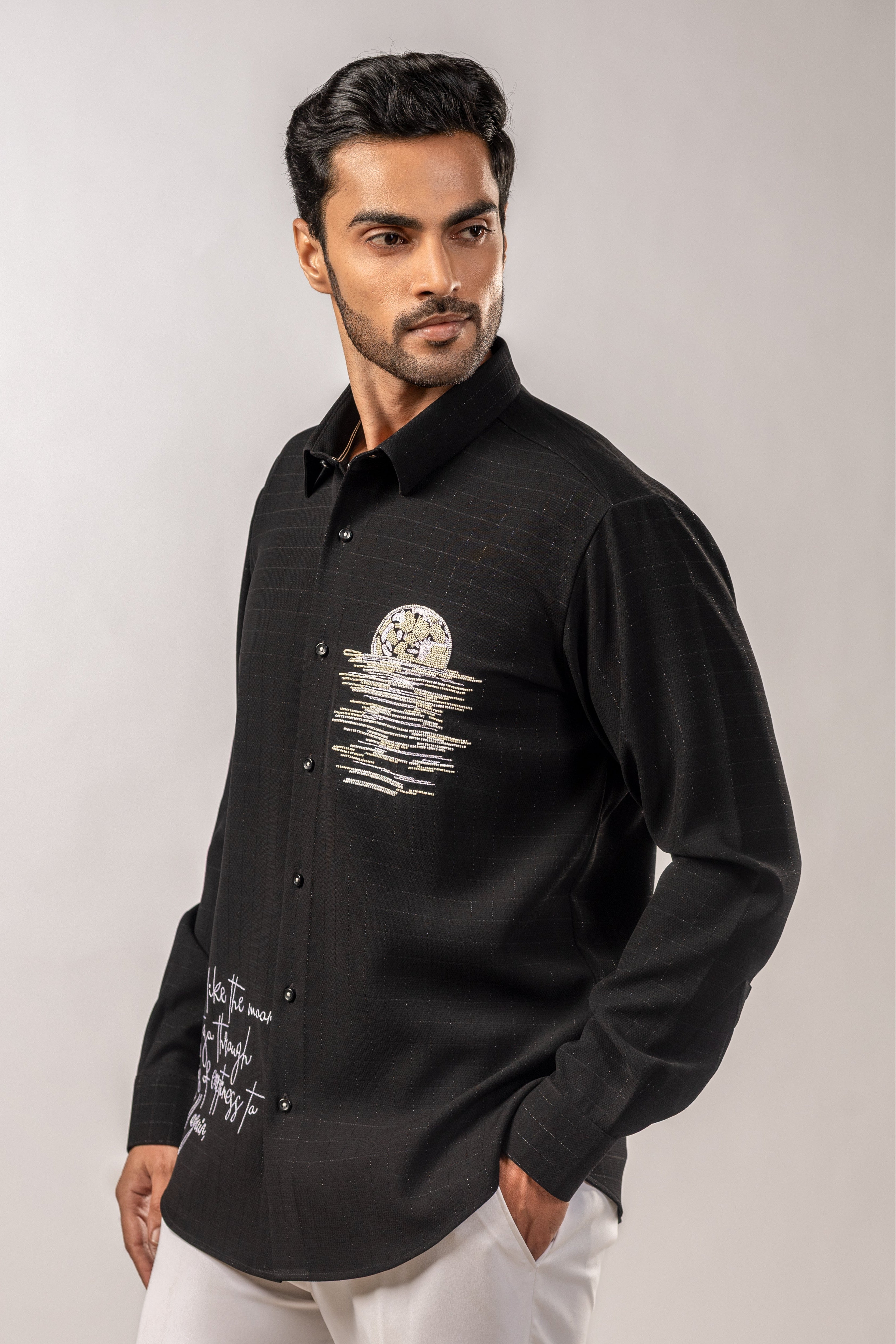 Phases — Moonrise Beadwork Embroidered Black Shirt with Cursive Quote