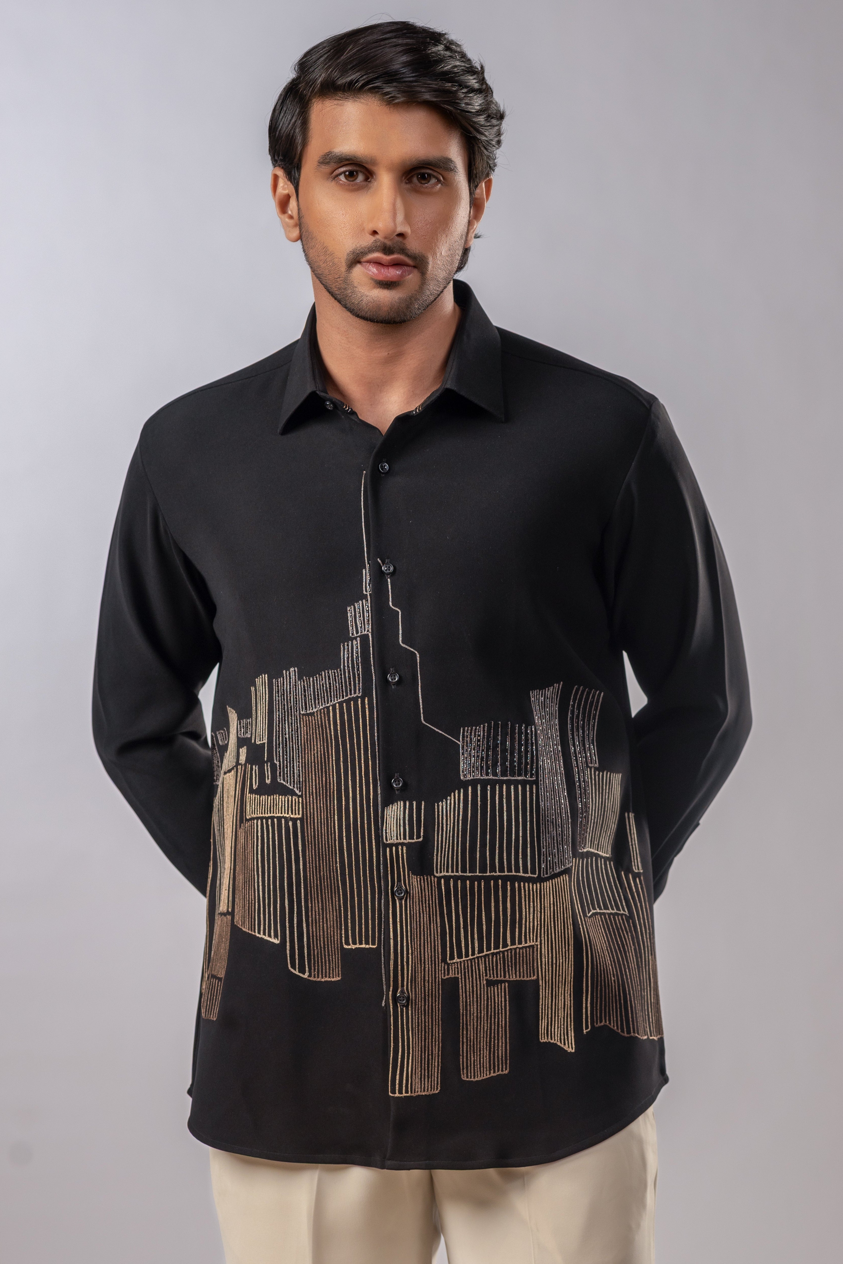Midnight Skyline Gold Embroidered Shirt