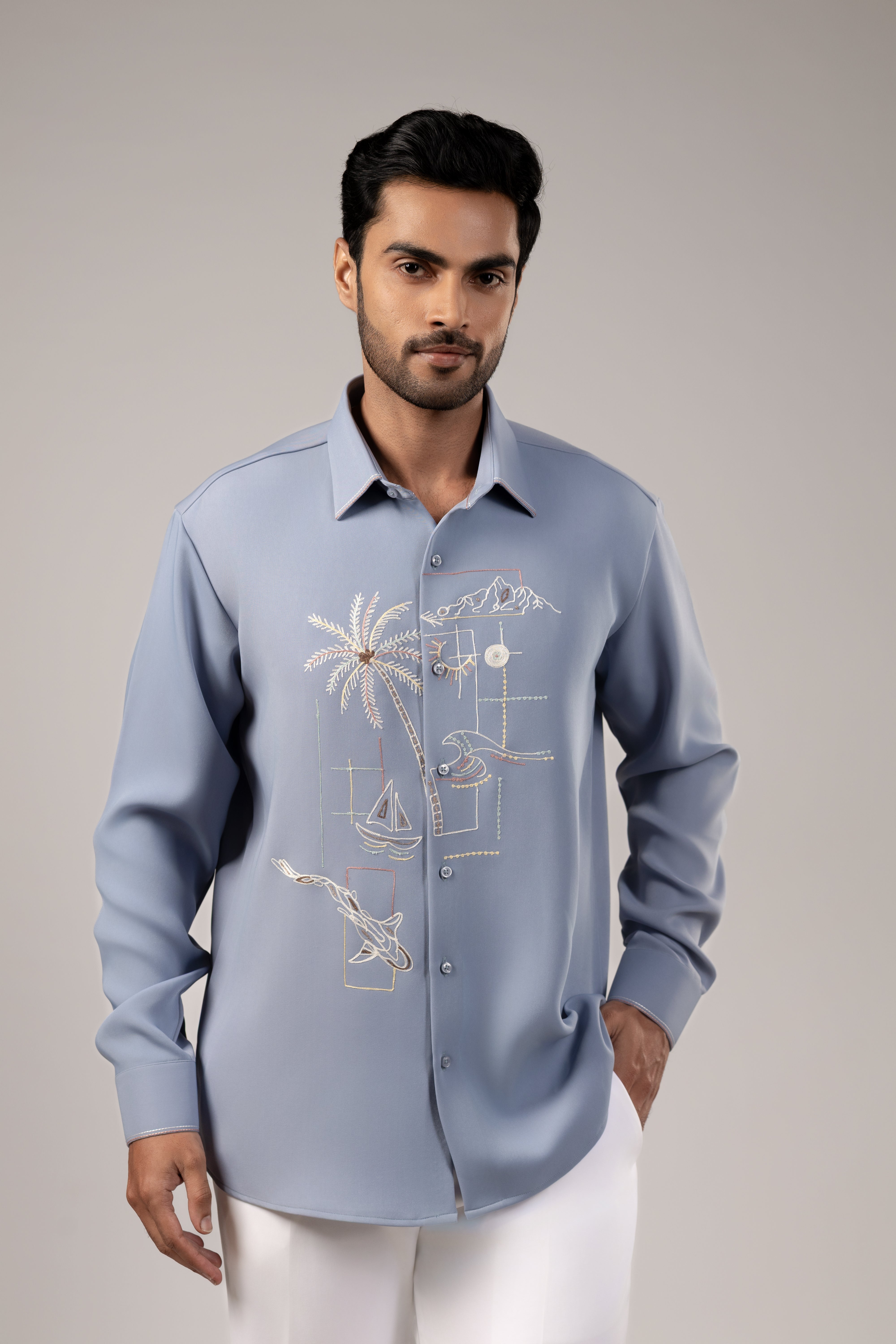 Coastal Reverie Front-Embroidered Shirt
