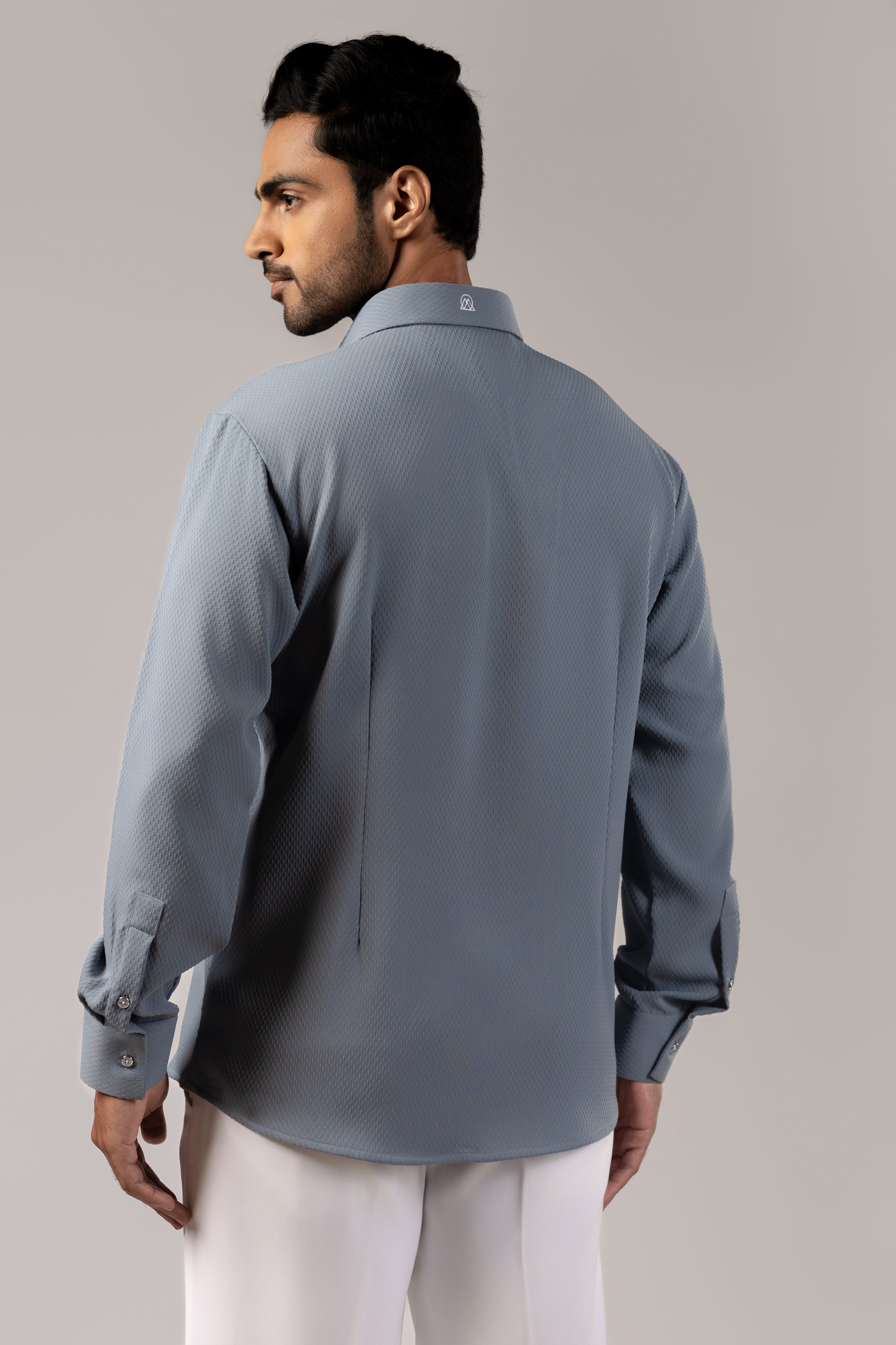 Scattered Muse — Steel Blue Patch Embroidery Shirt