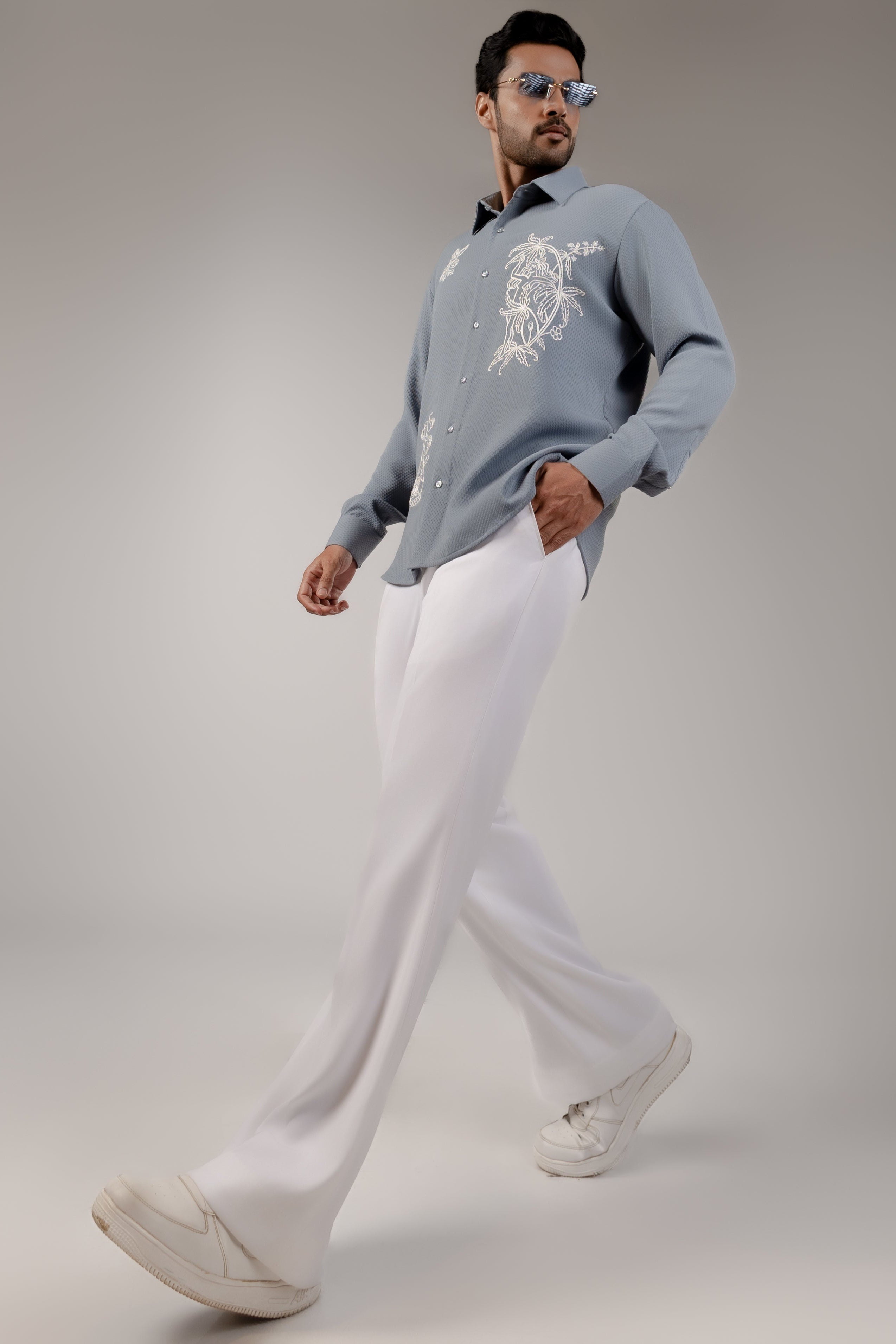 Scattered Muse — Steel Blue Patch Embroidery Shirt