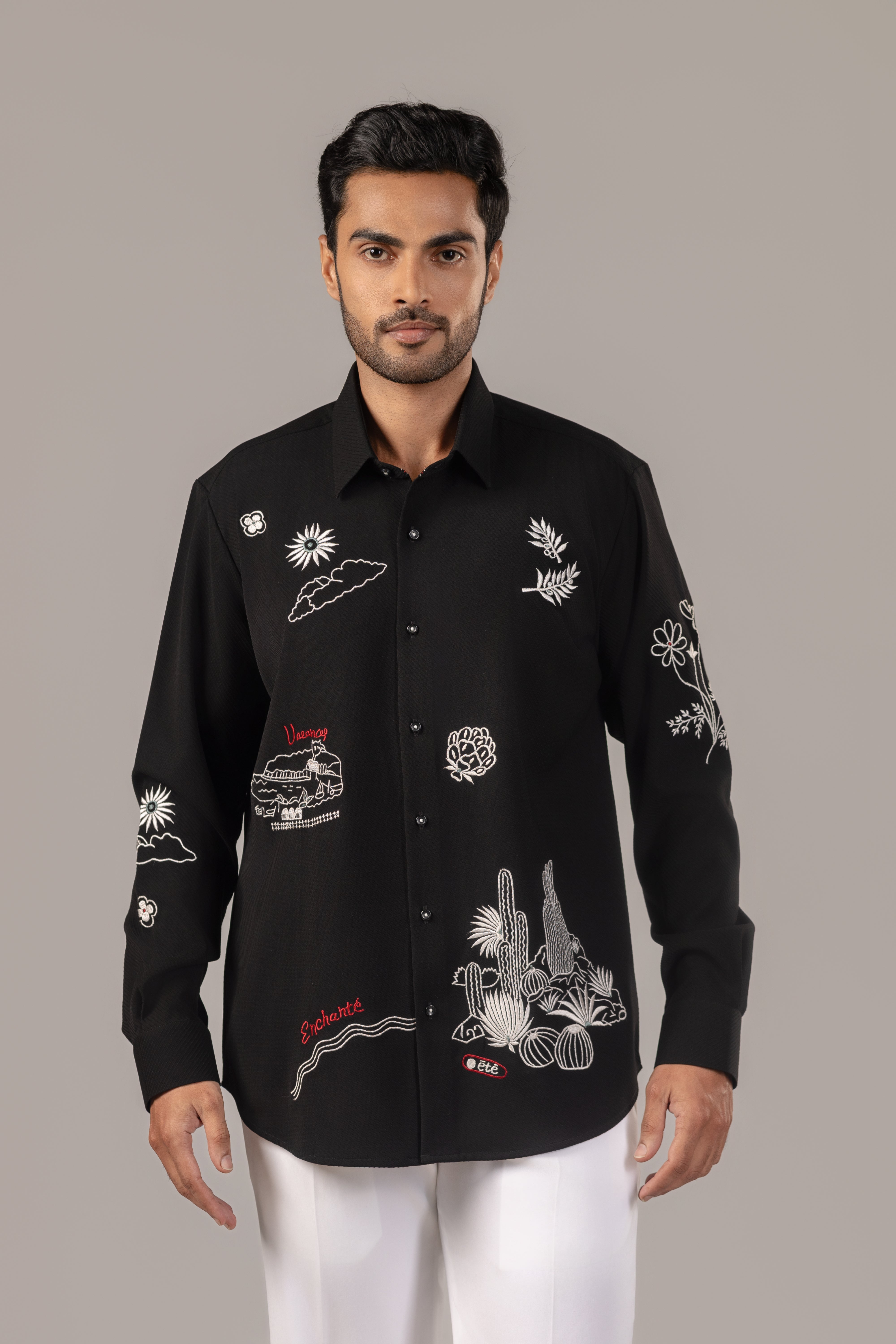 Black Shirt with Scattered White Embroidery and Red Script Detail