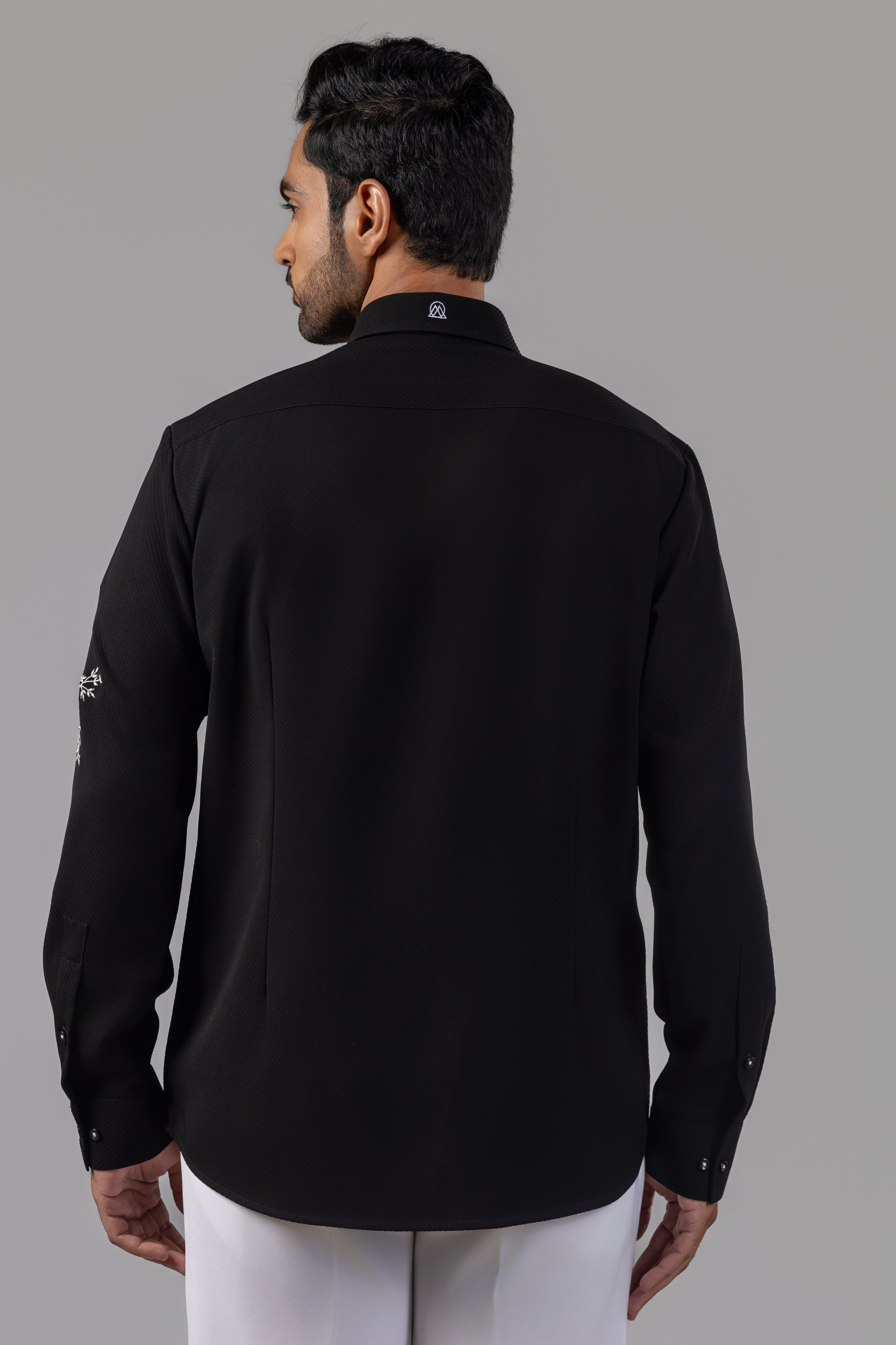 Black Shirt with Scattered White Embroidery and Red Script Detail
