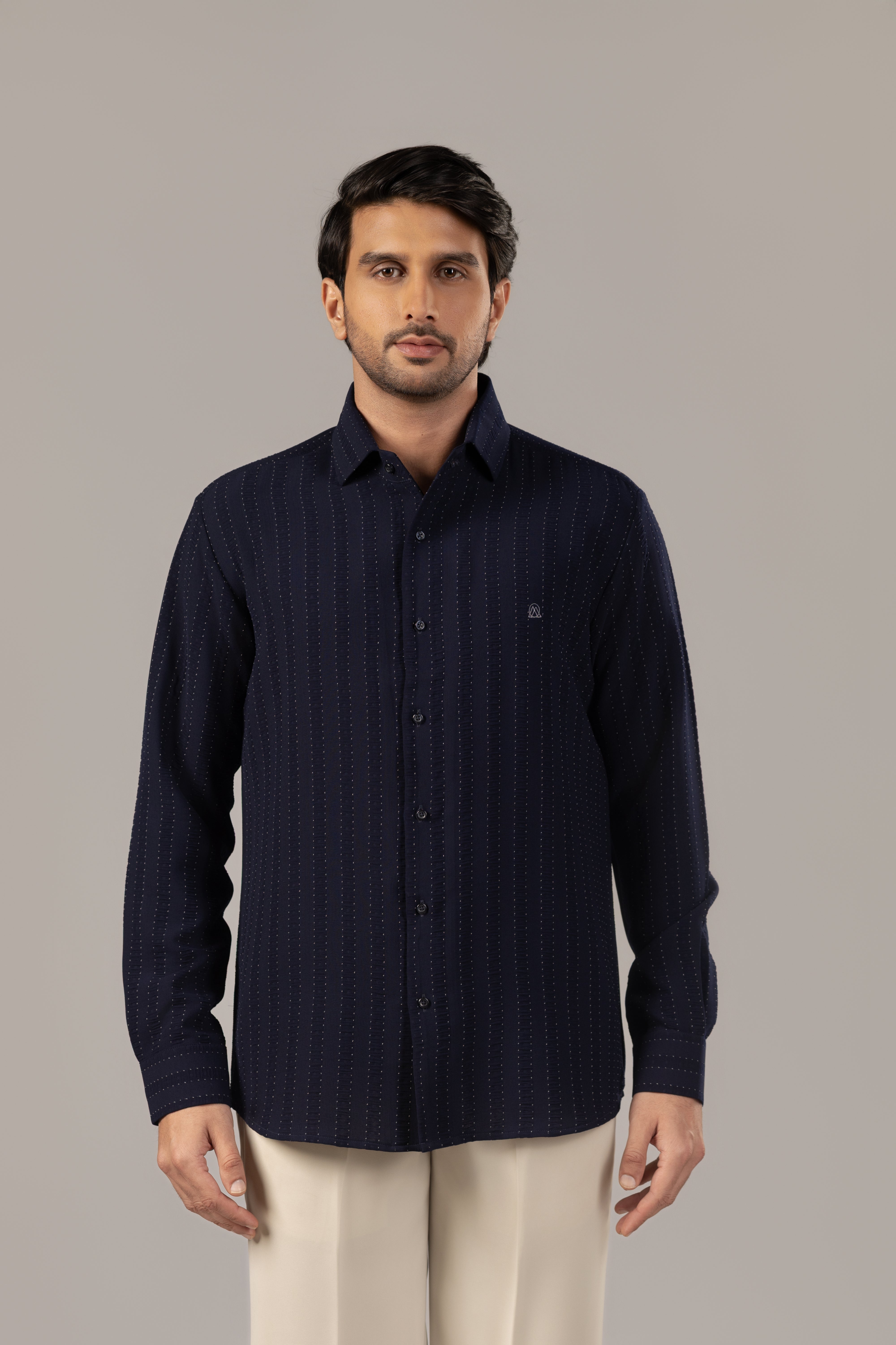 Midnight Navy Tonal Pinstripe Shirt with Monogram Chest Detail