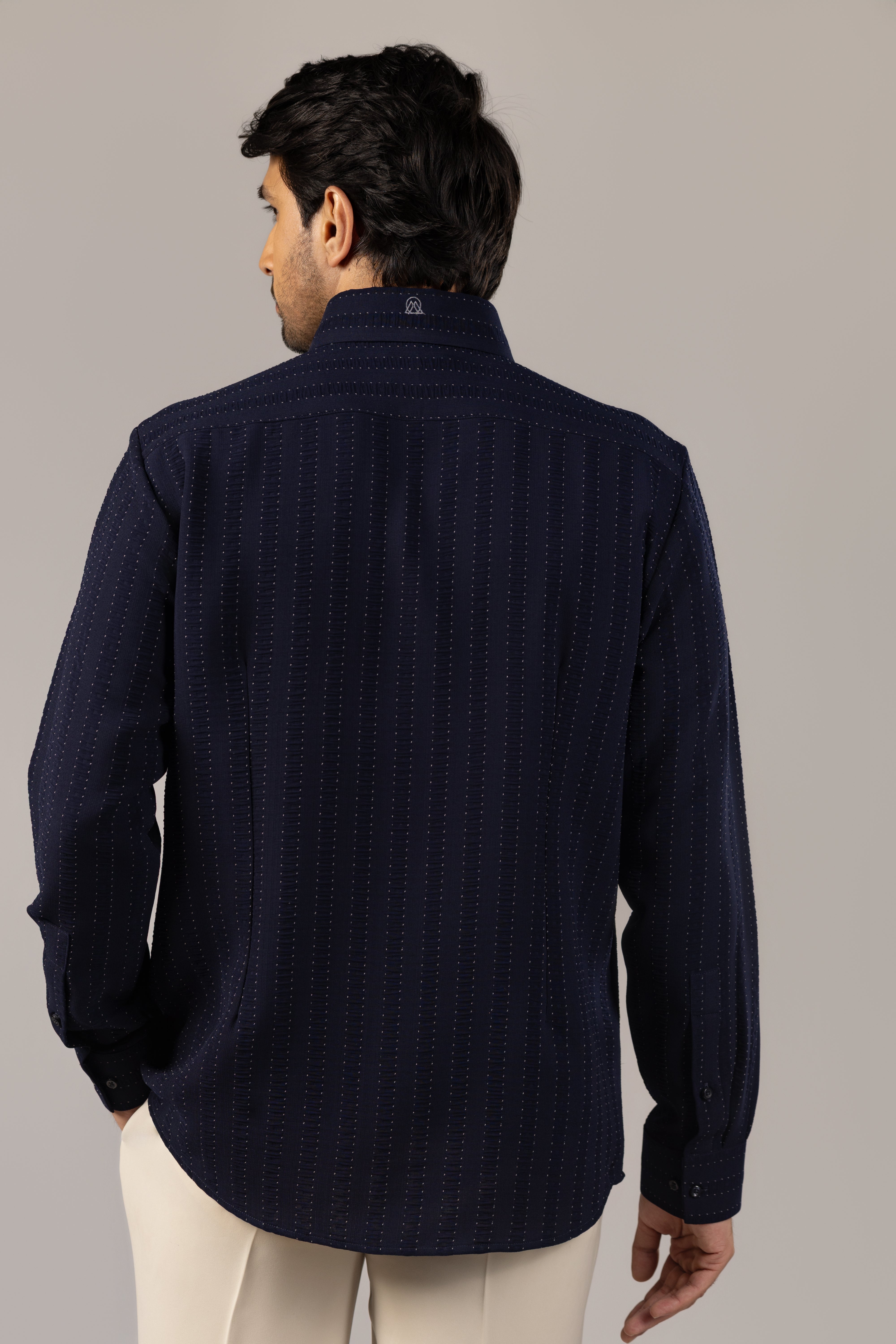 Midnight Navy Tonal Pinstripe Shirt with Monogram Chest Detail