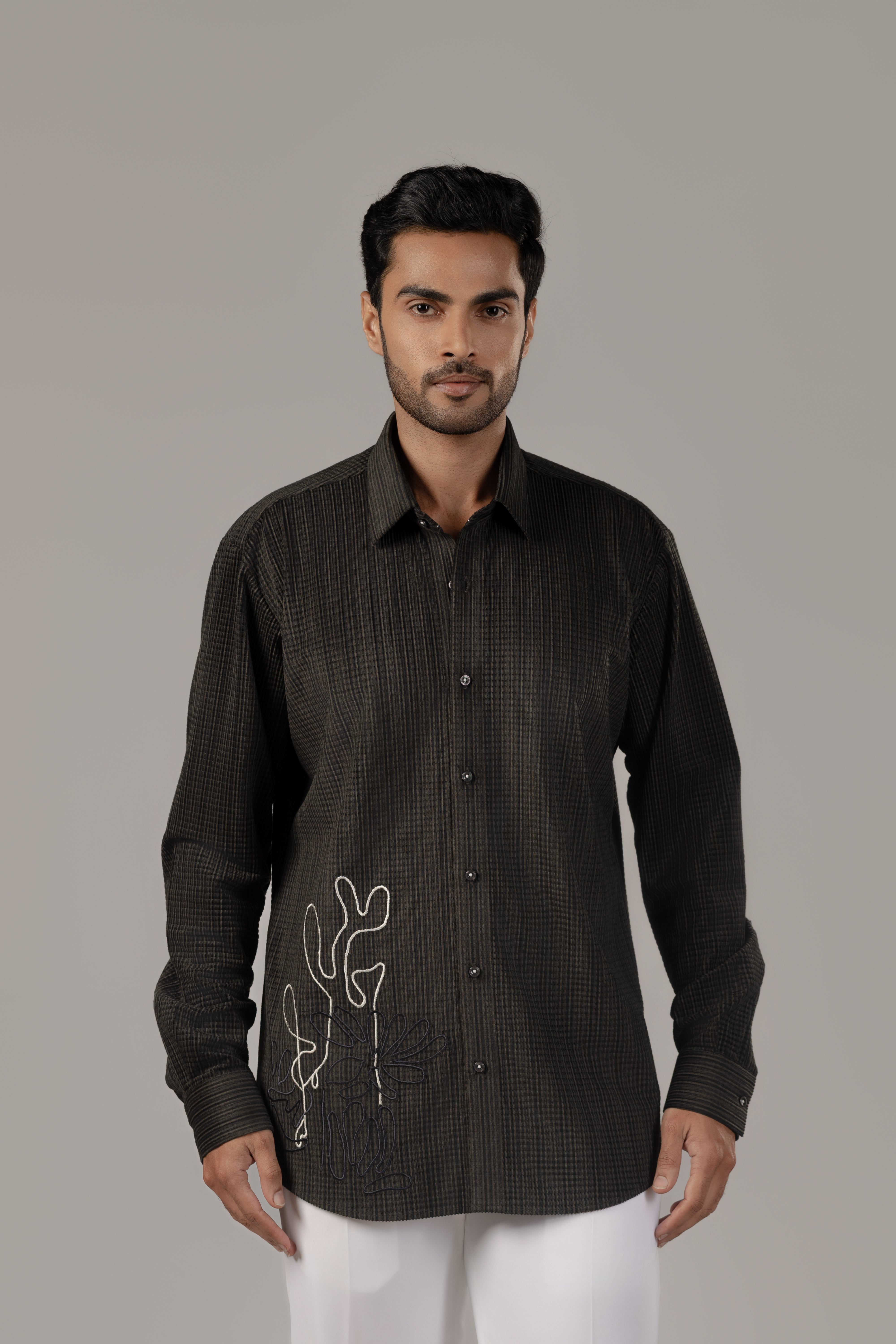 Olive Gold Lurex Stripe Shirt with Abstract Cactus Embroidery