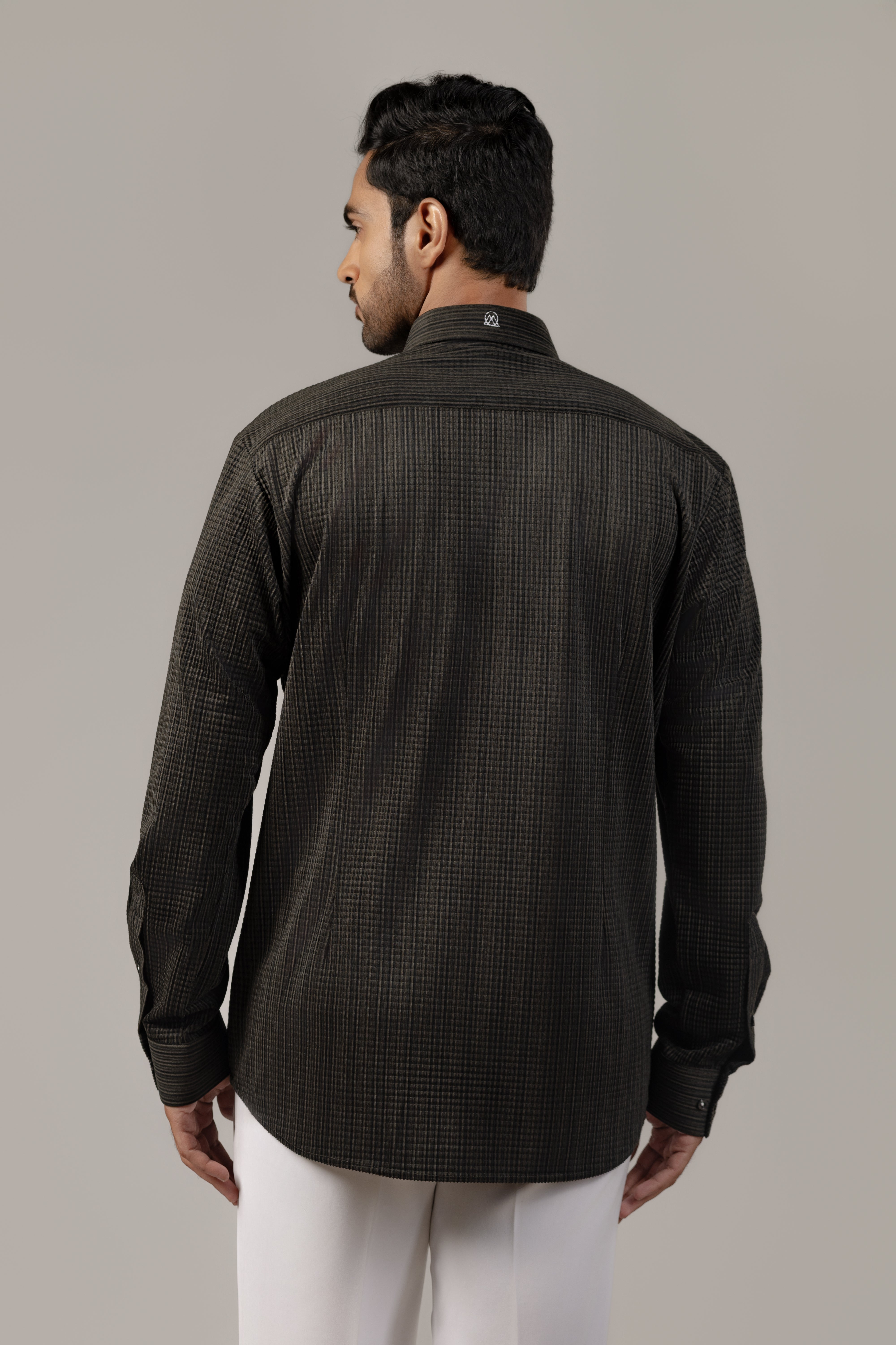 Olive Gold Lurex Stripe Shirt with Abstract Cactus Embroidery