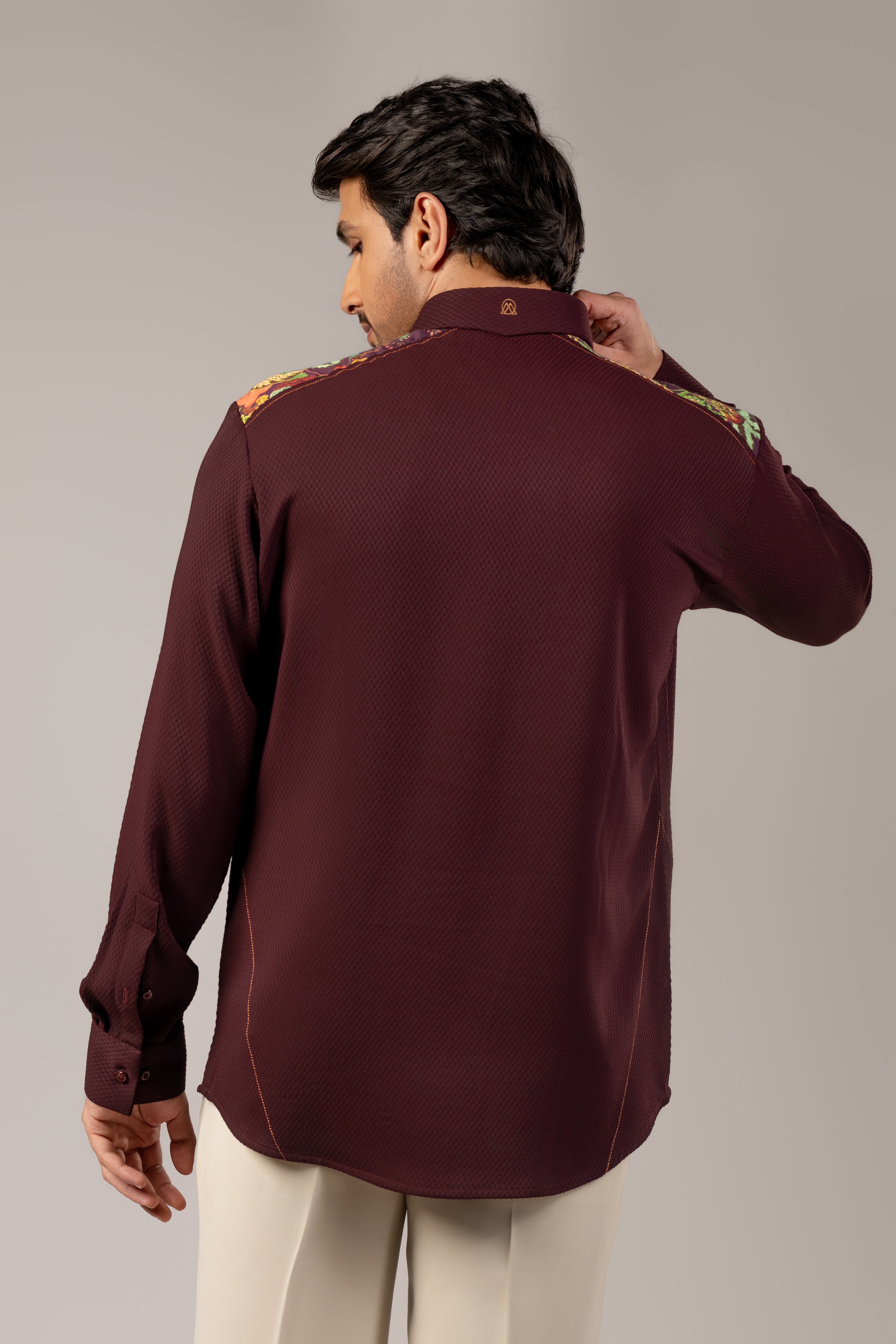 Burgundy Diamond-Weave Shirt with Paisley Shoulder Embroidery Panel