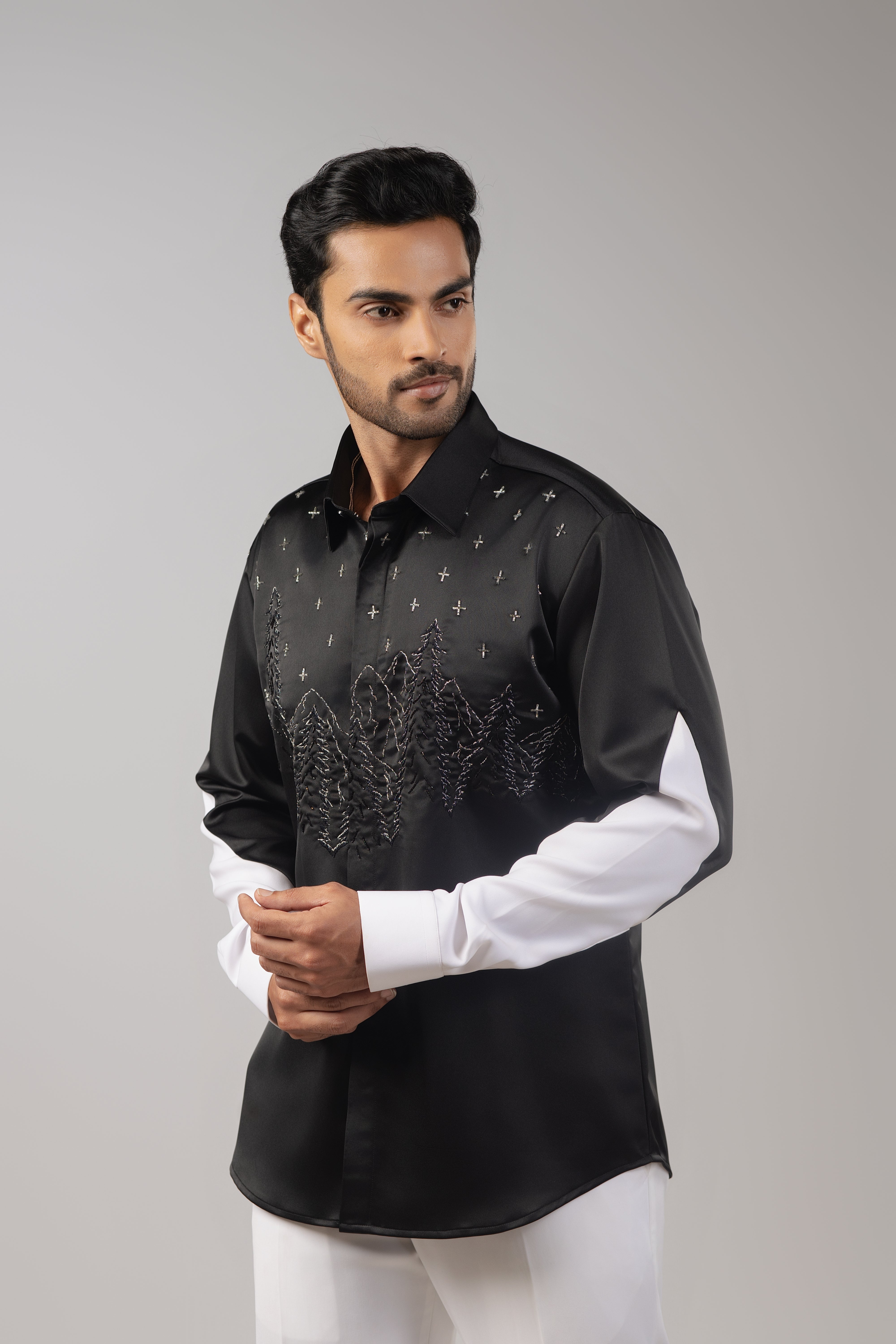 Black Satin White Sleeve Starry Forest Embroidered Shirt