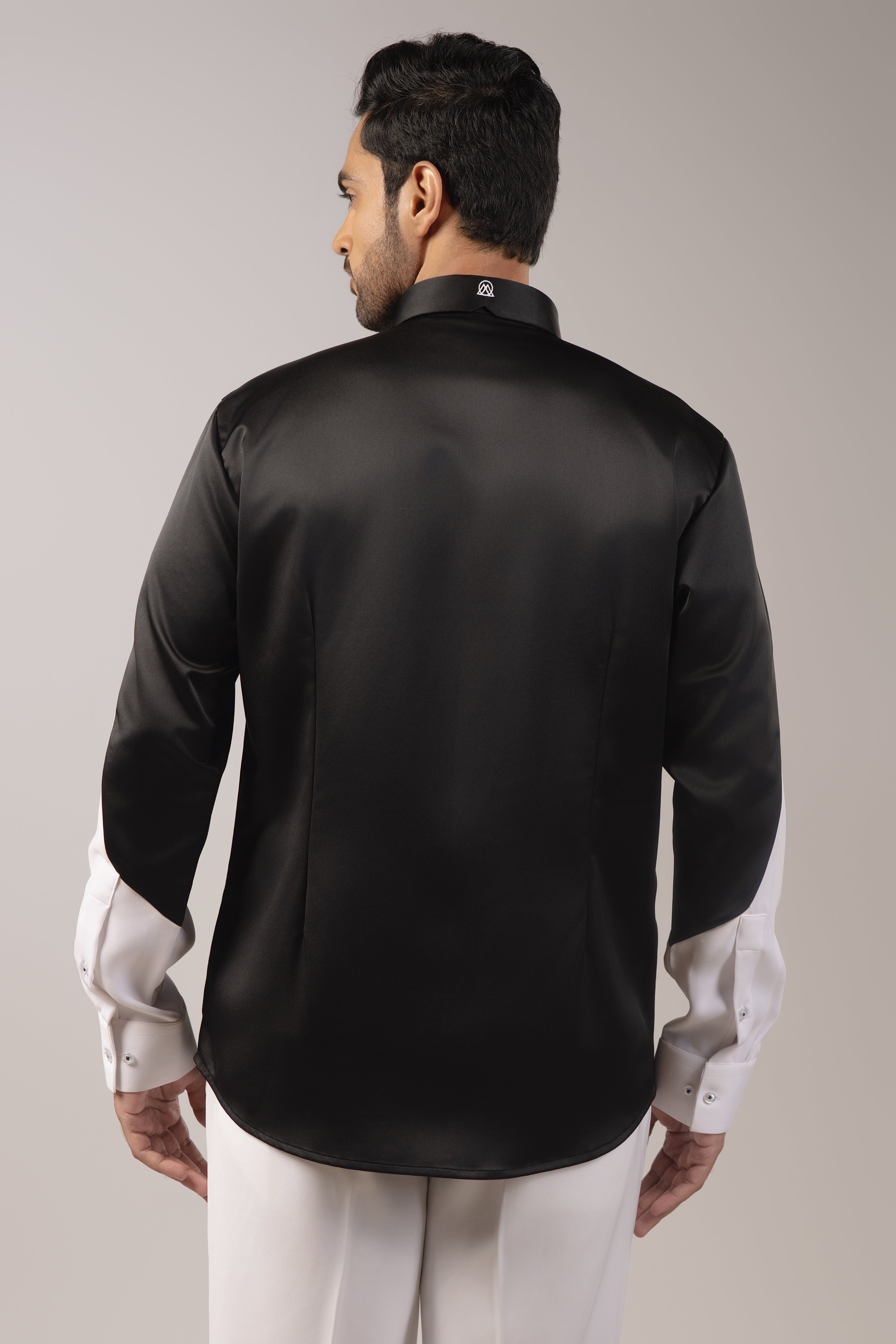 Black Satin White Sleeve Starry Forest Embroidered Shirt