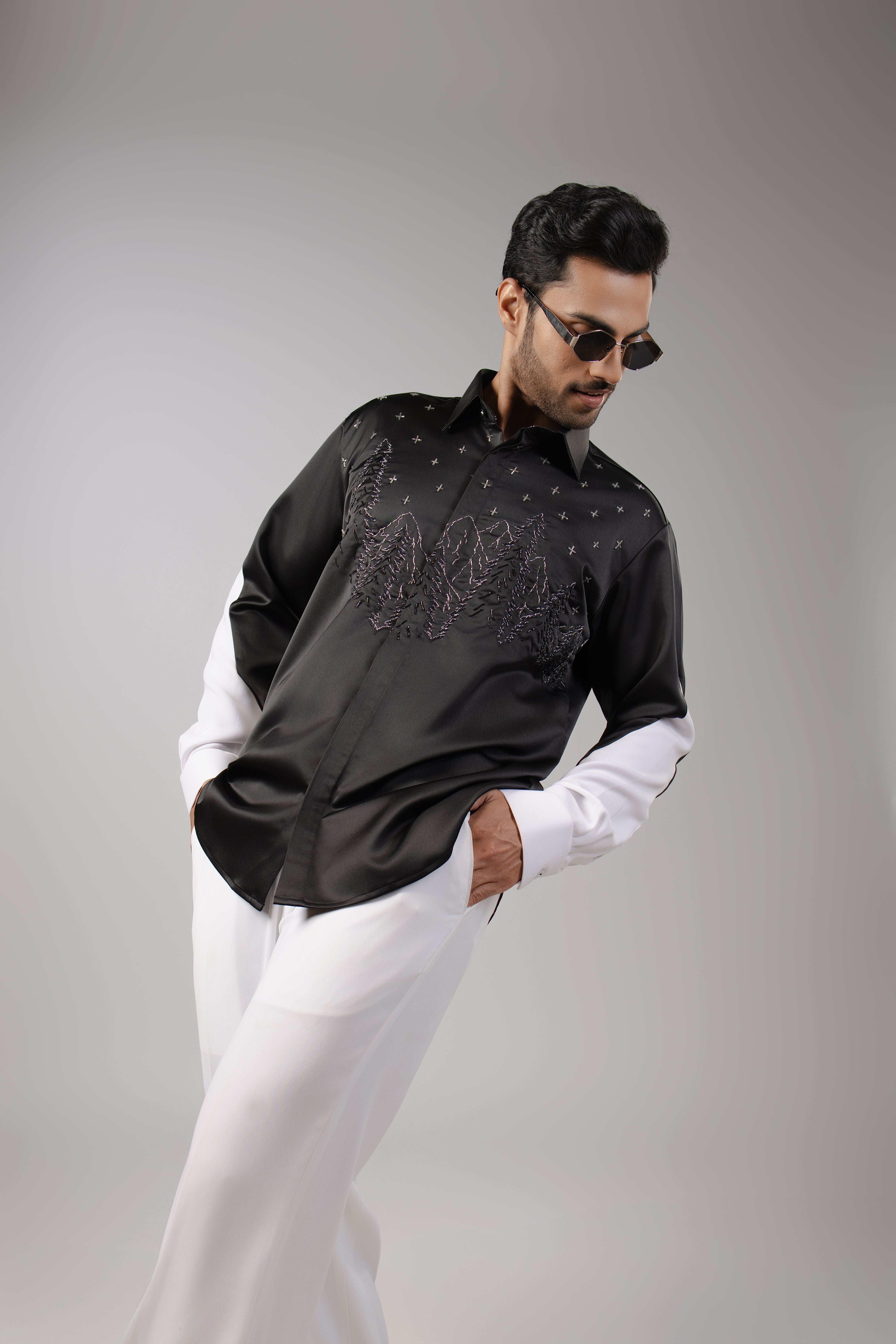 Black Satin White Sleeve Starry Forest Embroidered Shirt