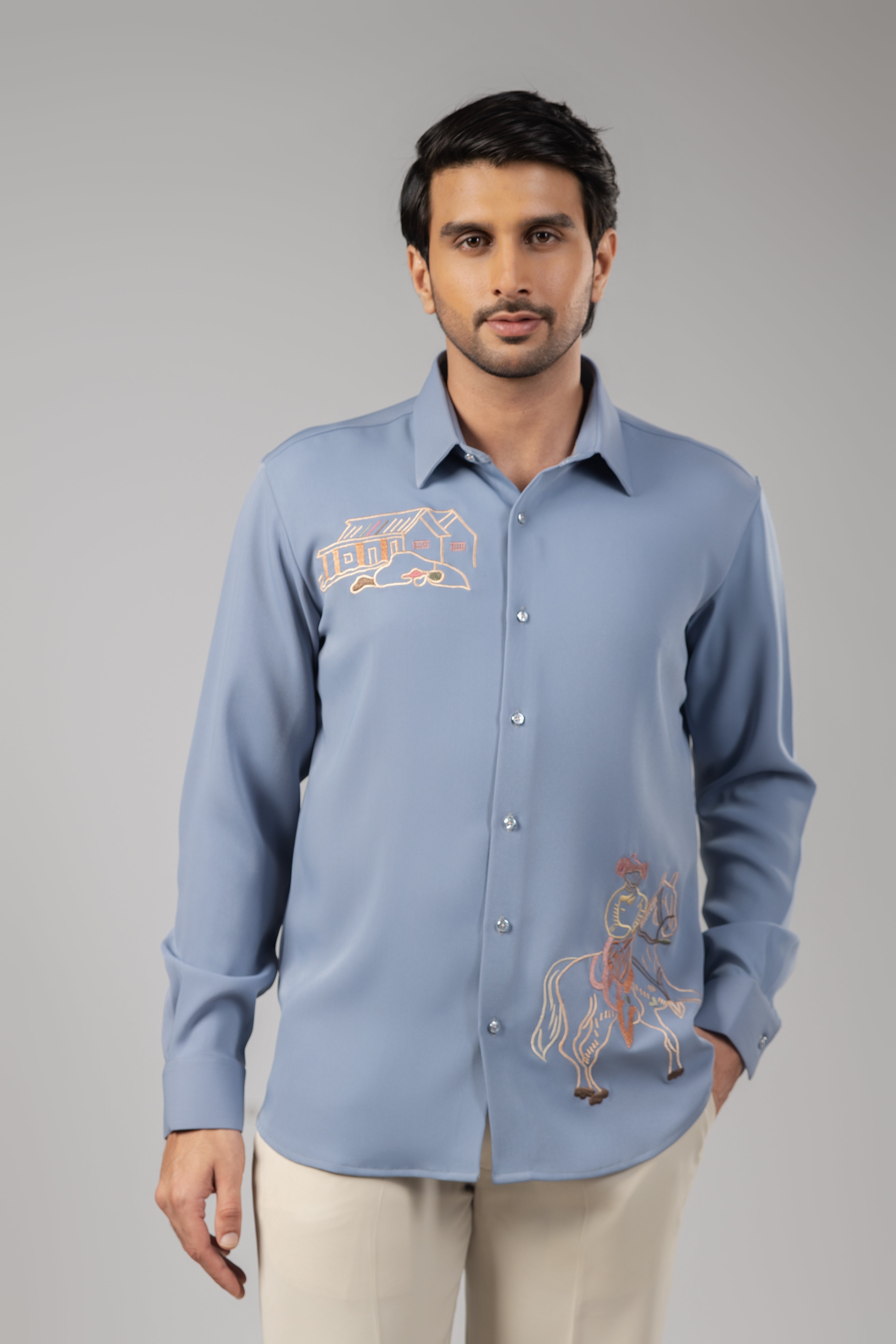 Slate Blue Rajasthani Horseman Folk Art Embroidered Shirt