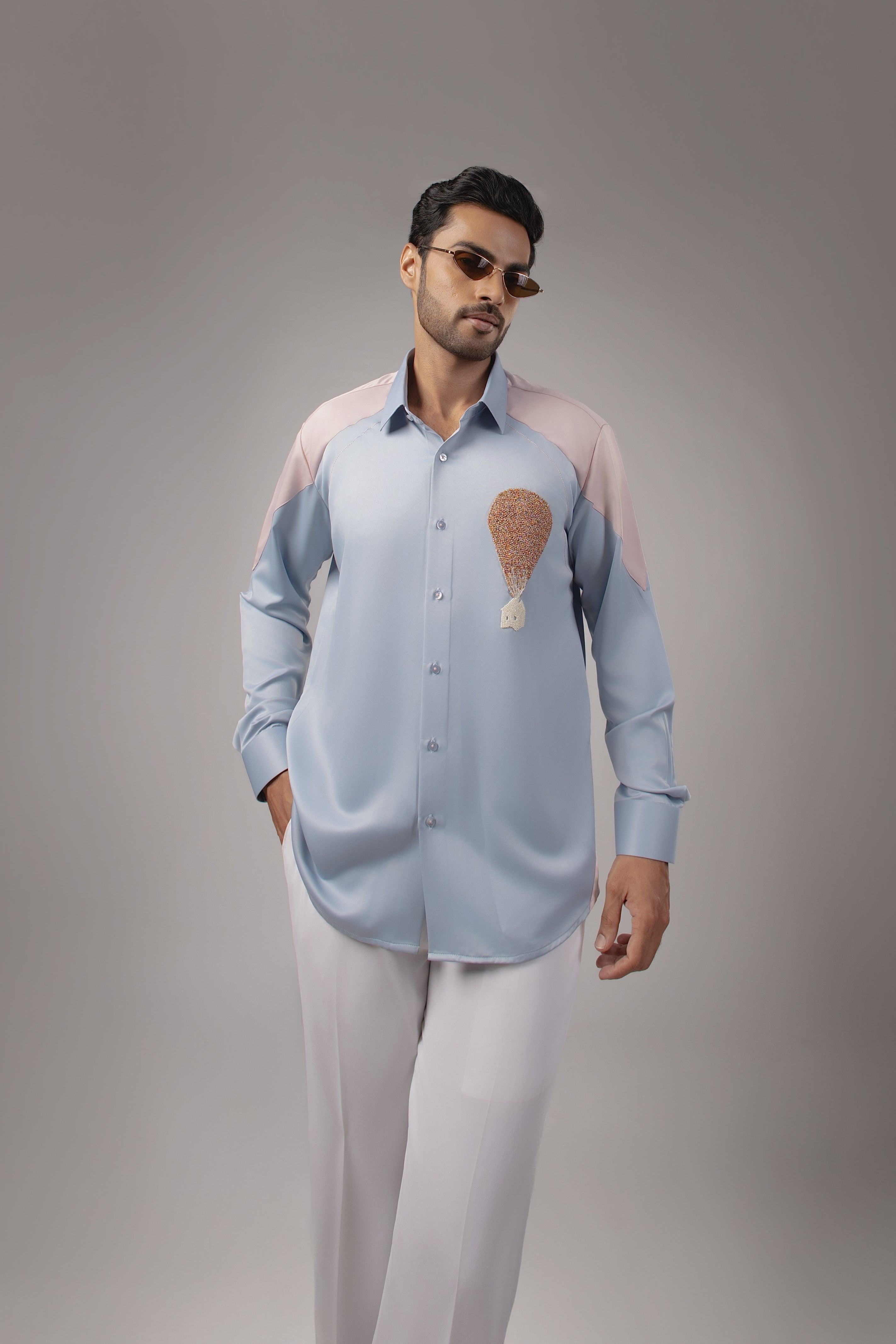Sky Blue Blush Colourblock Hot Air Balloon Embroidered Shirt