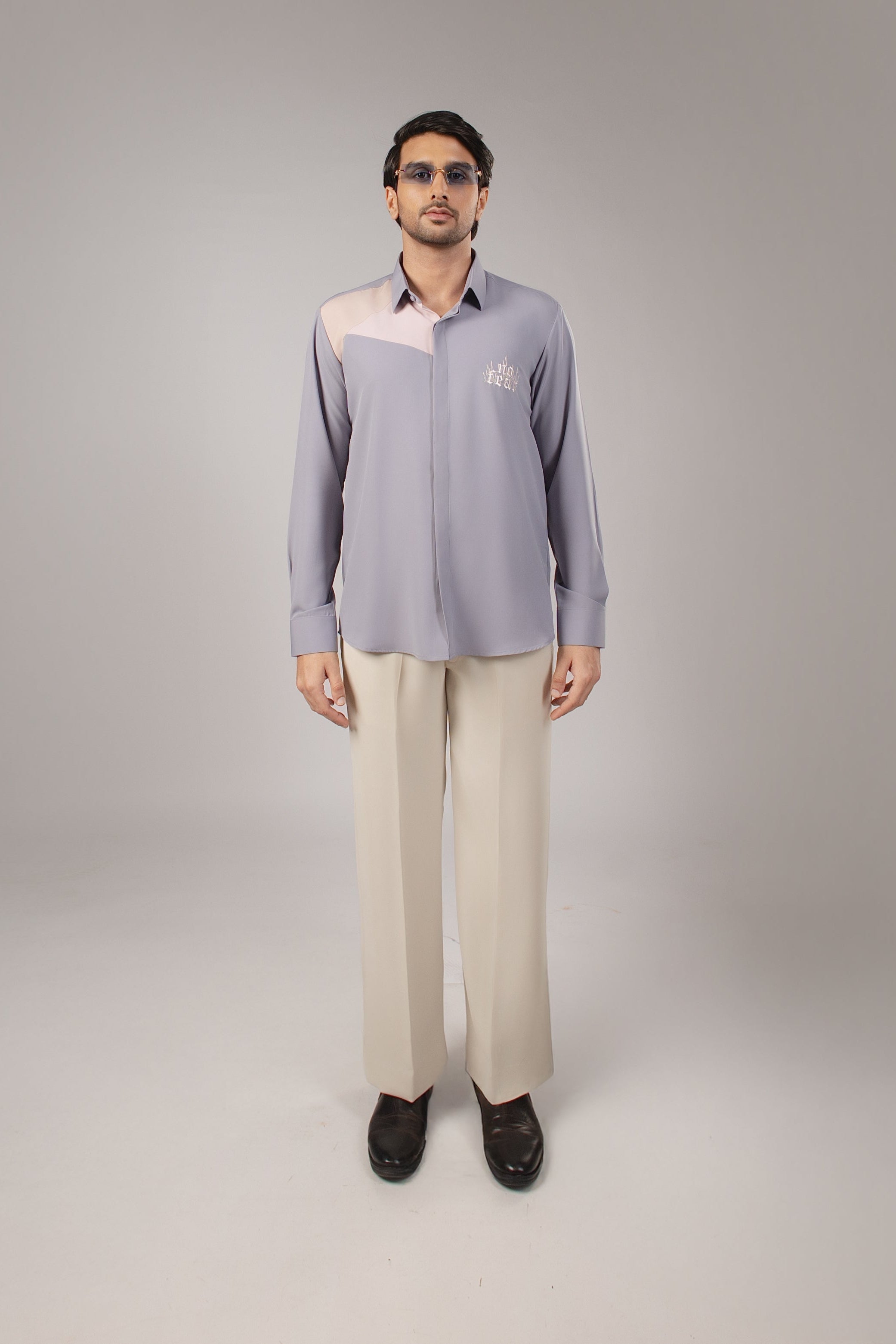 Steel Blue Colourblock Logo Embroidered Shirt