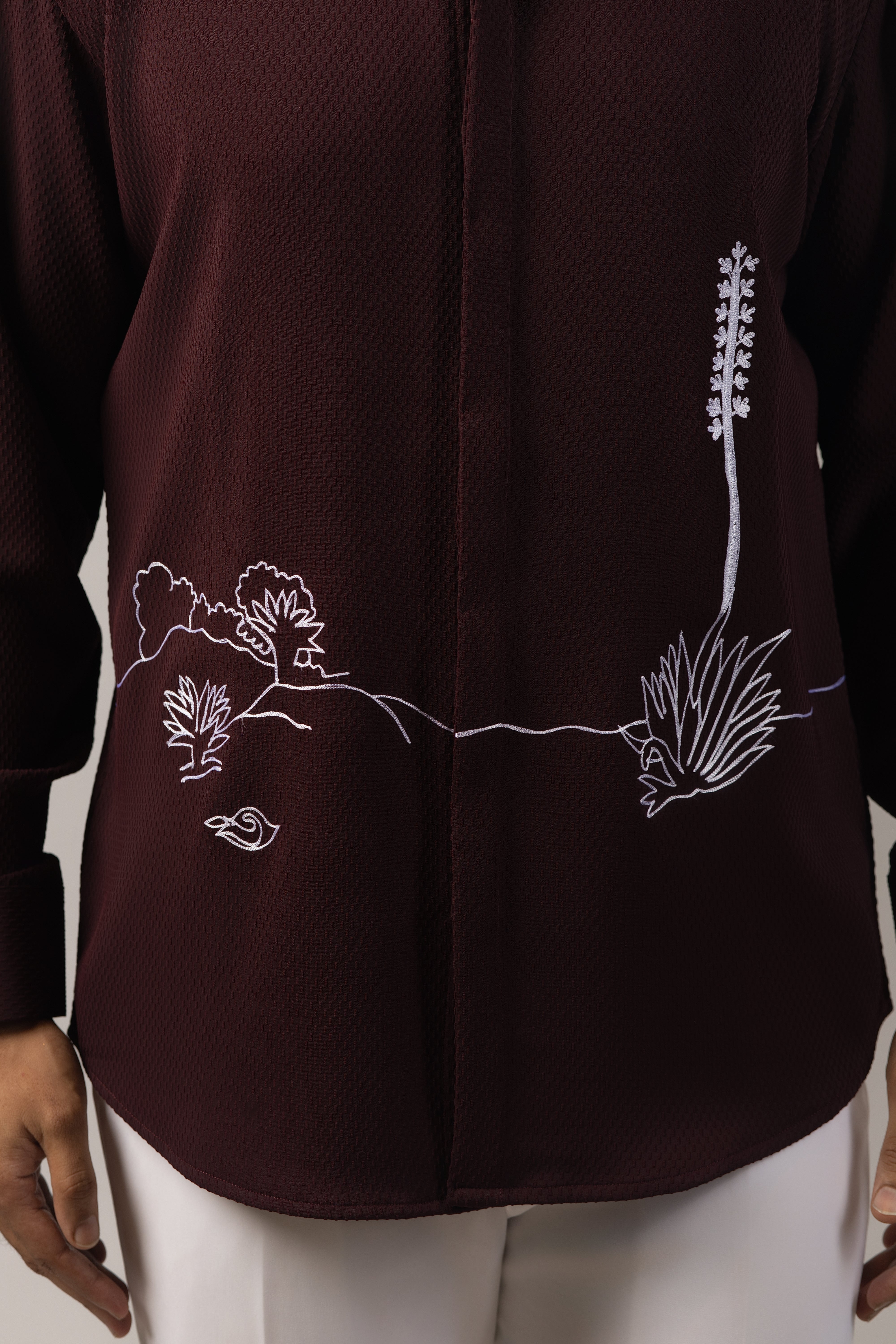 Deep Burgundy Textured Nature Landscape Embroidered Shirt