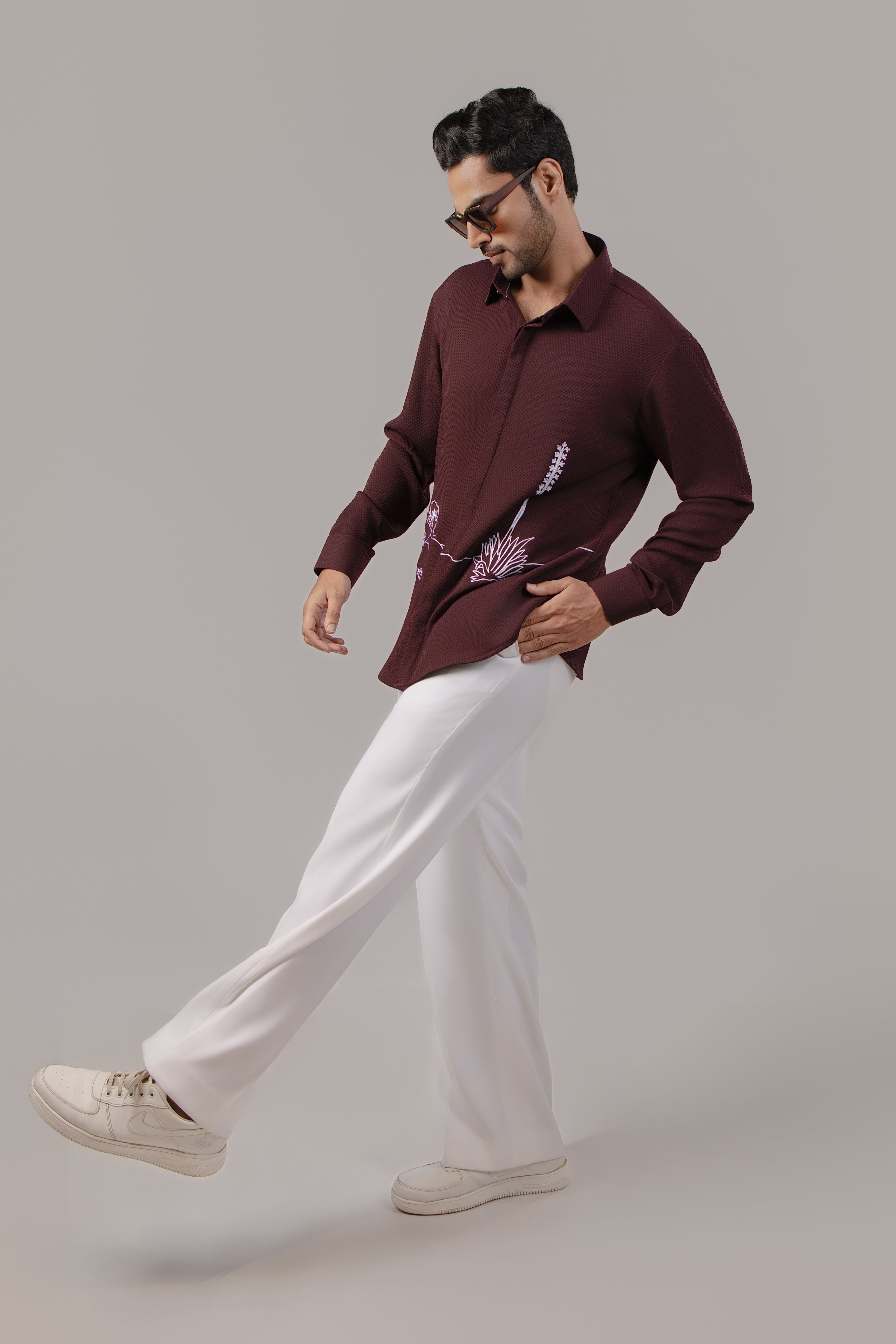 Deep Burgundy Textured Nature Landscape Embroidered Shirt