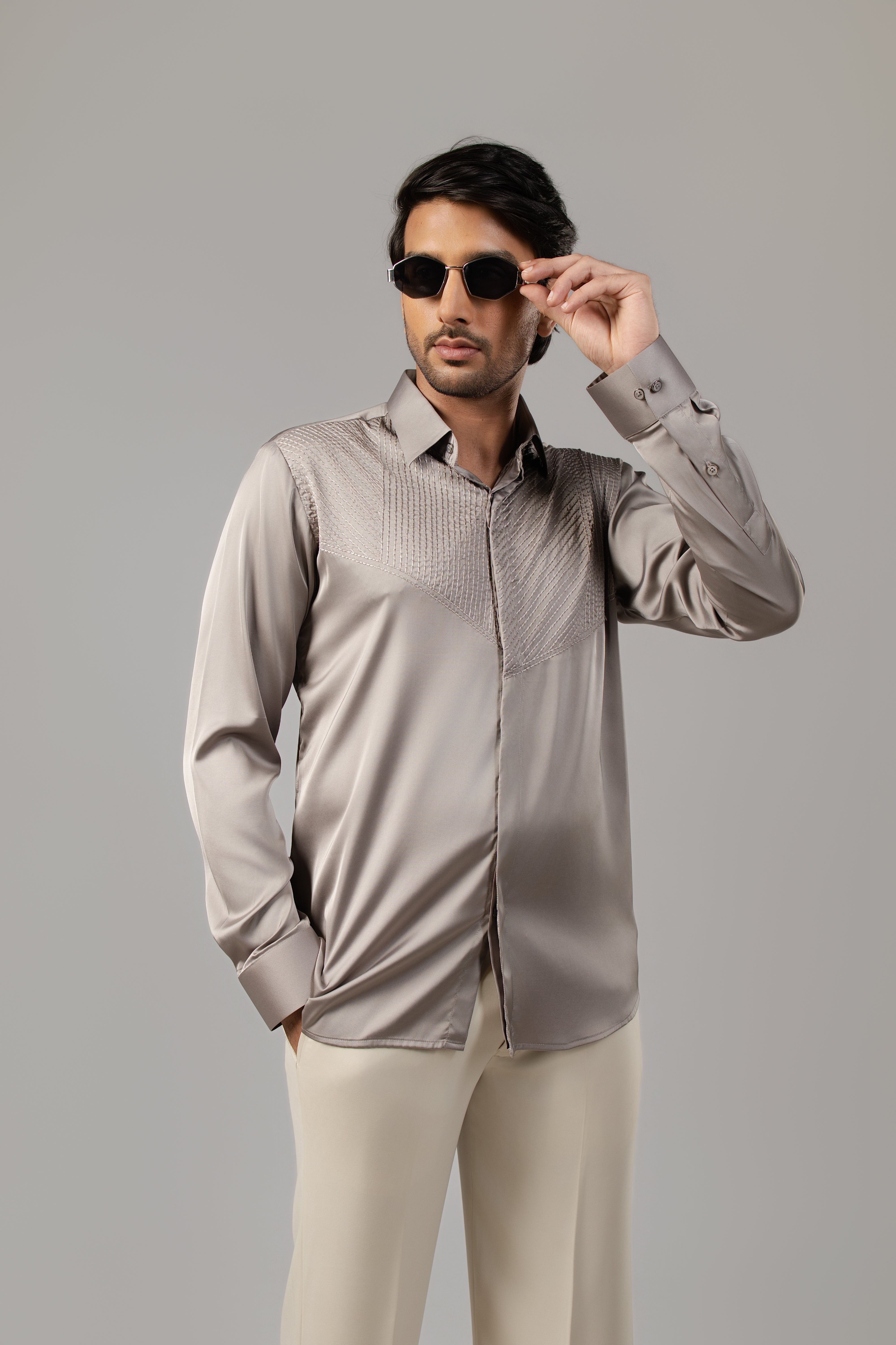Silver Grey Satin Diamond Grid Embroidered Shirt
