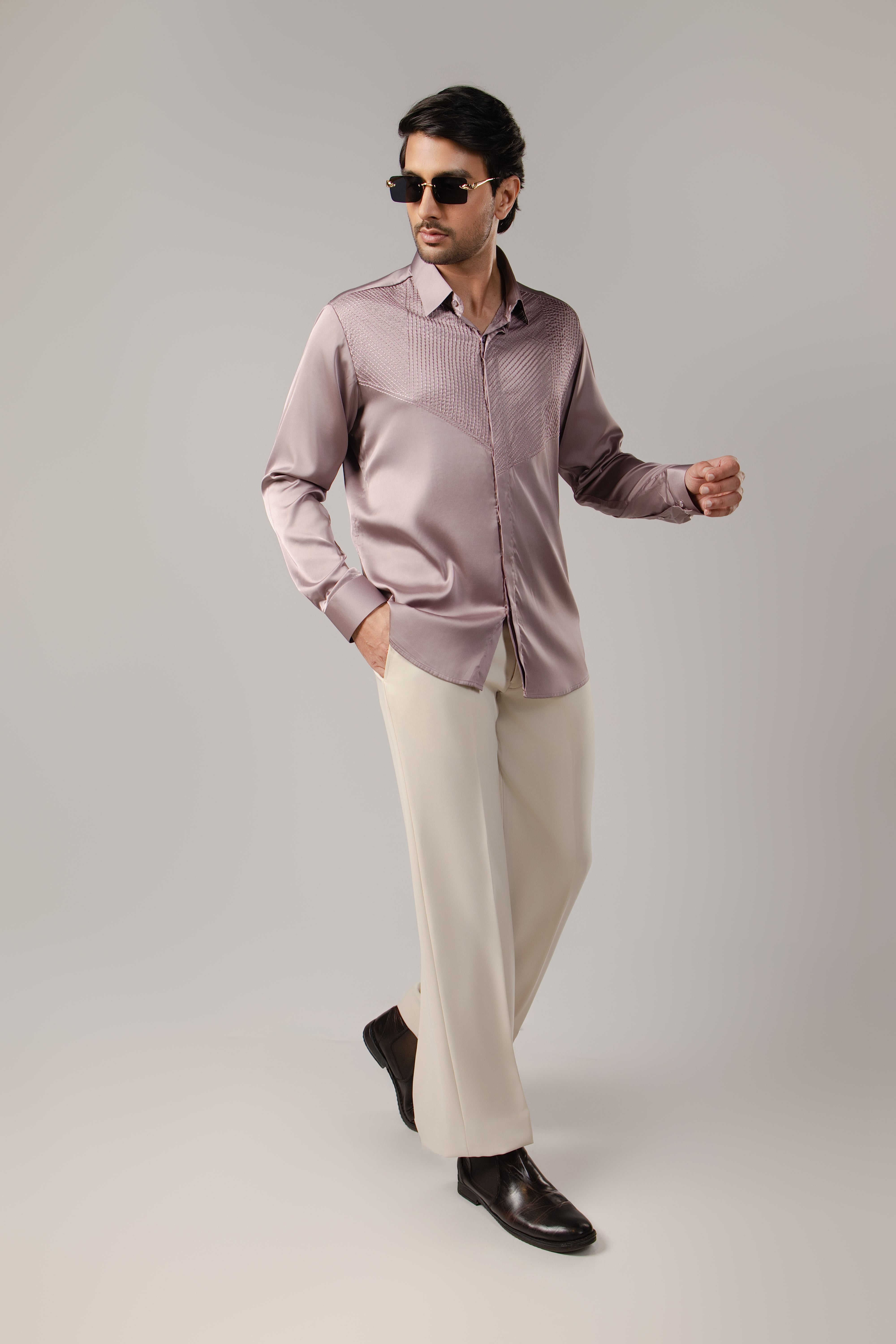 Mauve Satin Geometric Pintuck Embroidered Shirt