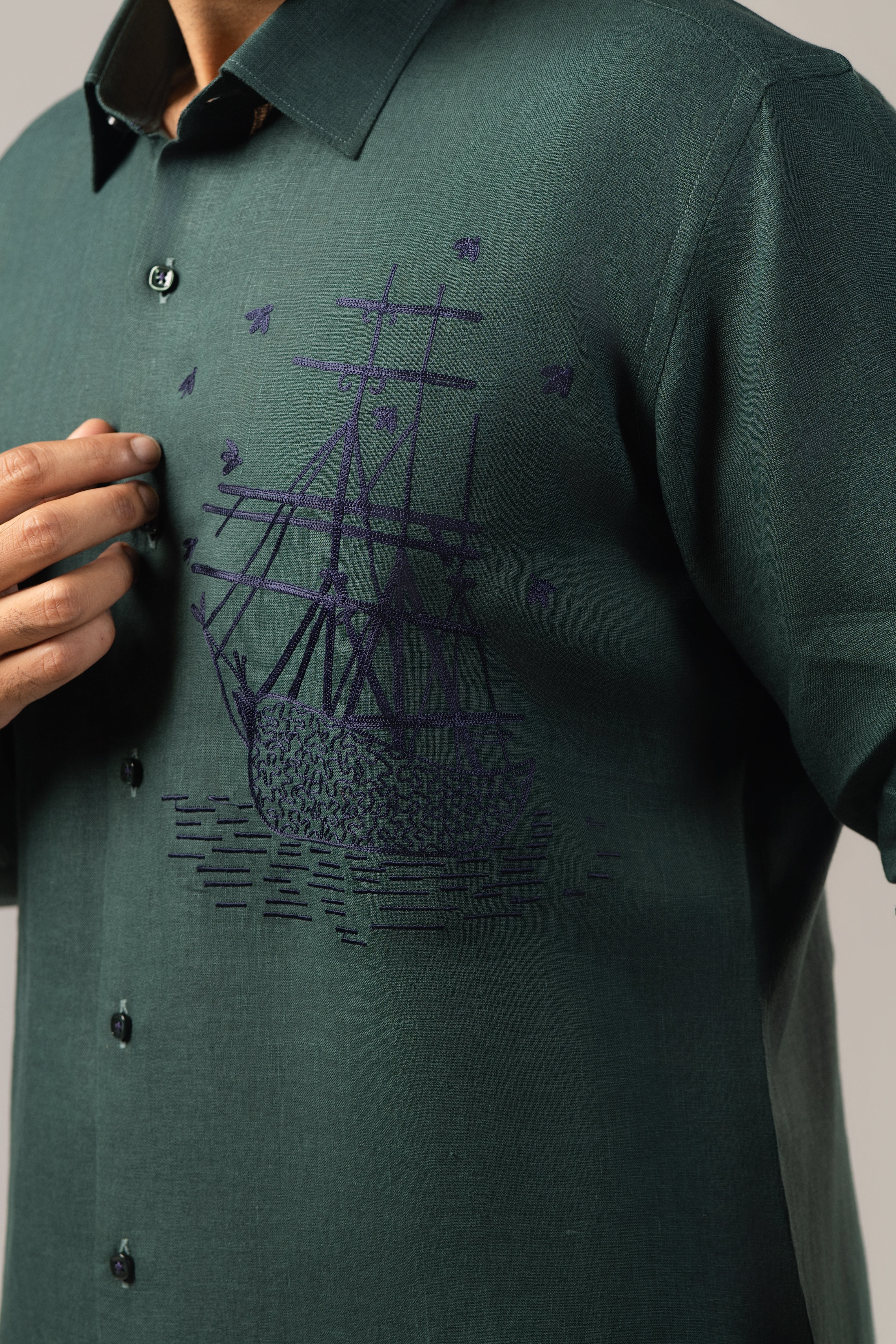 Set Sail in Forest Green — Tonal Ship Embroidered Shirt