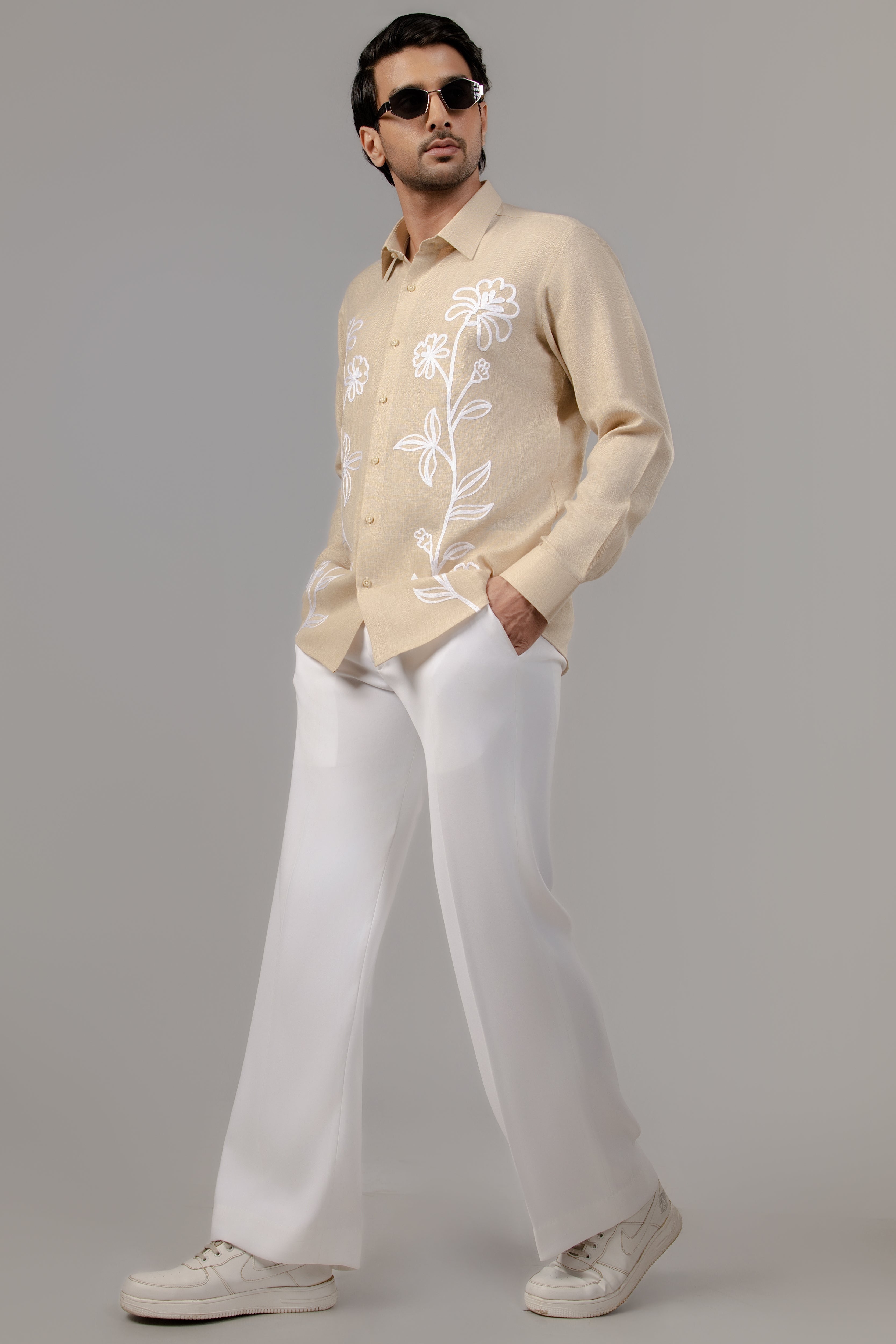 The Bloom Theory Shirt — Sand Floral Embroidered