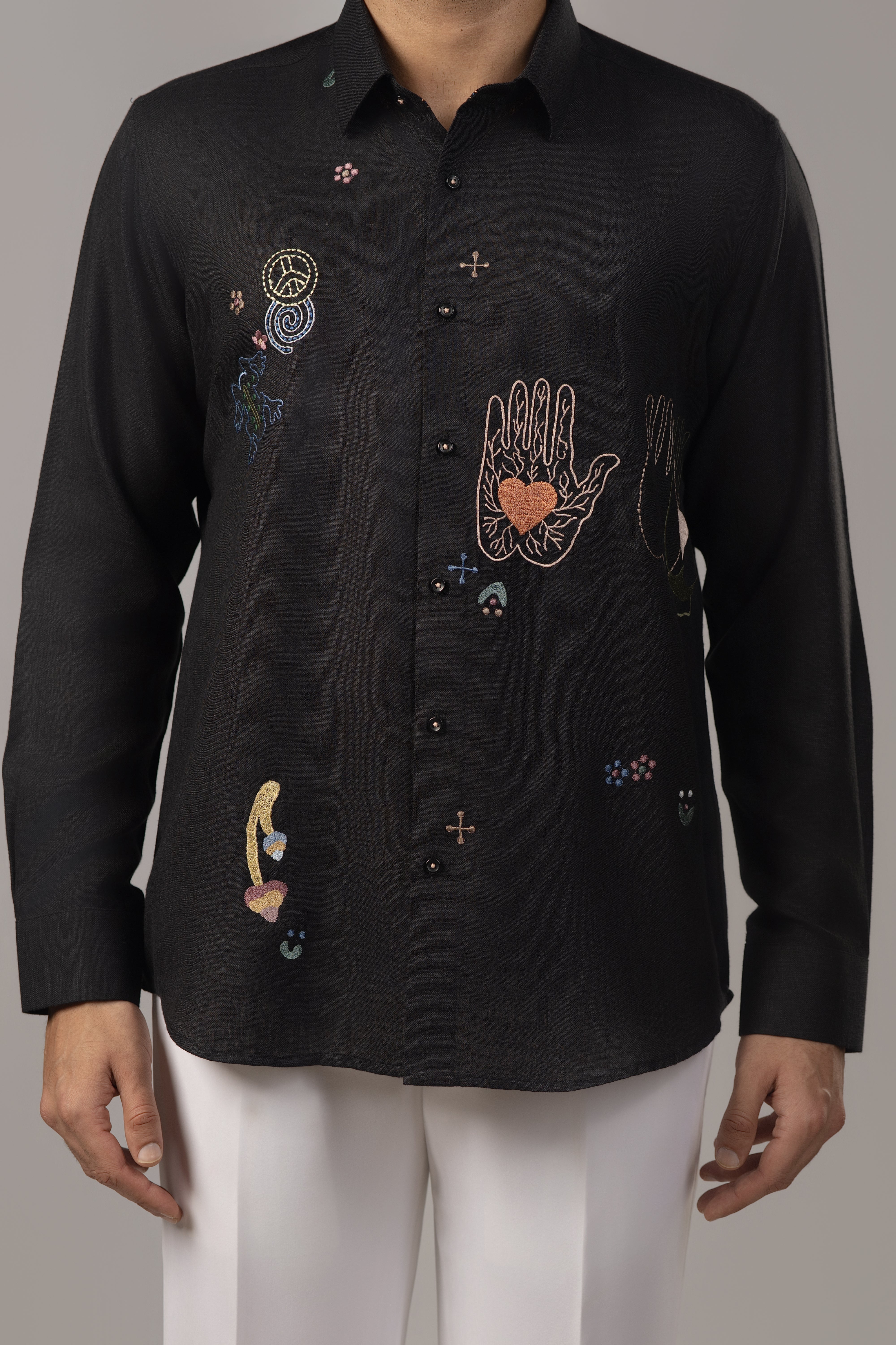 Black Shirt with Scattered Mystic Symbol Embroidery in Multicolour Thread