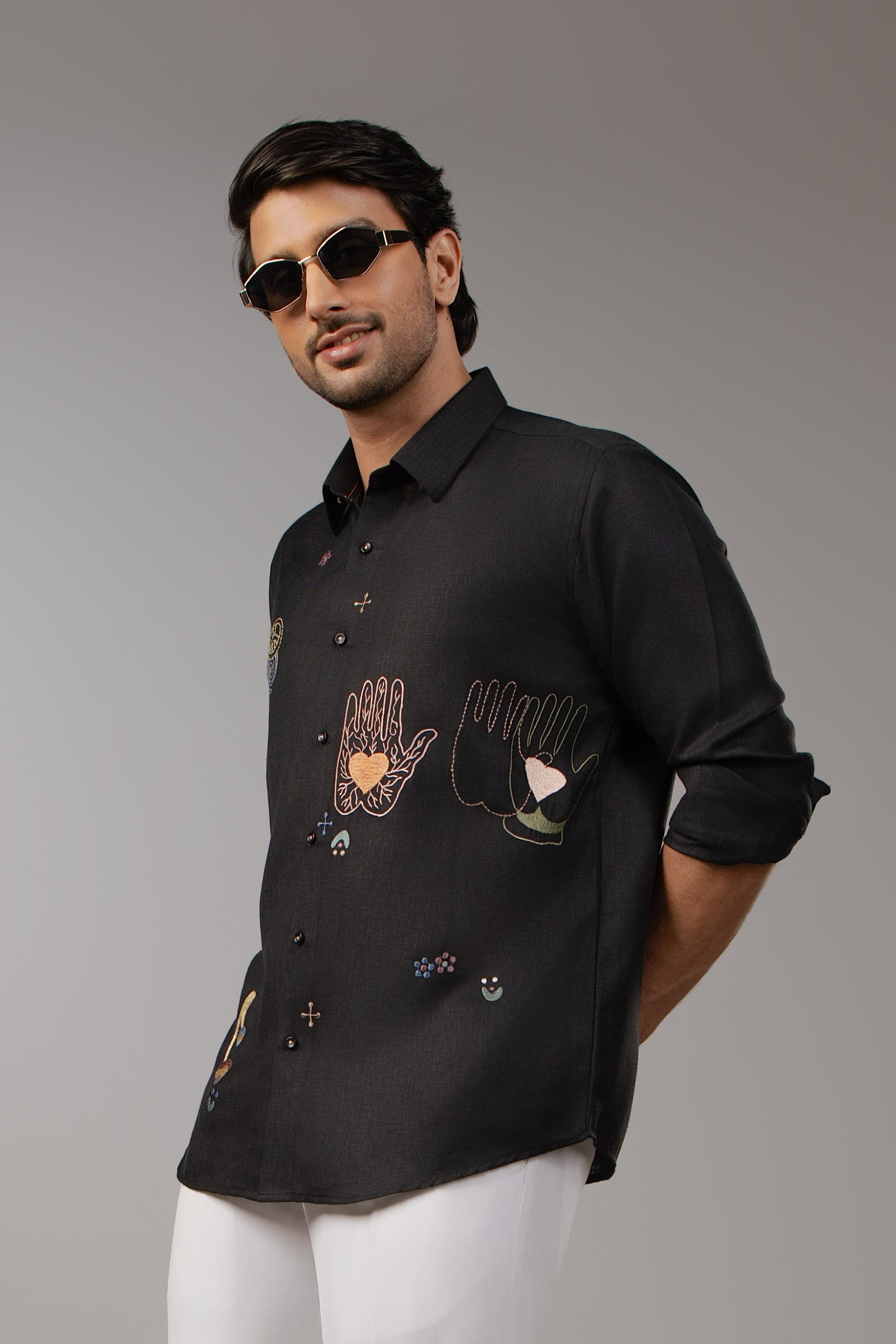 Black Shirt with Scattered Mystic Symbol Embroidery in Multicolour Thread