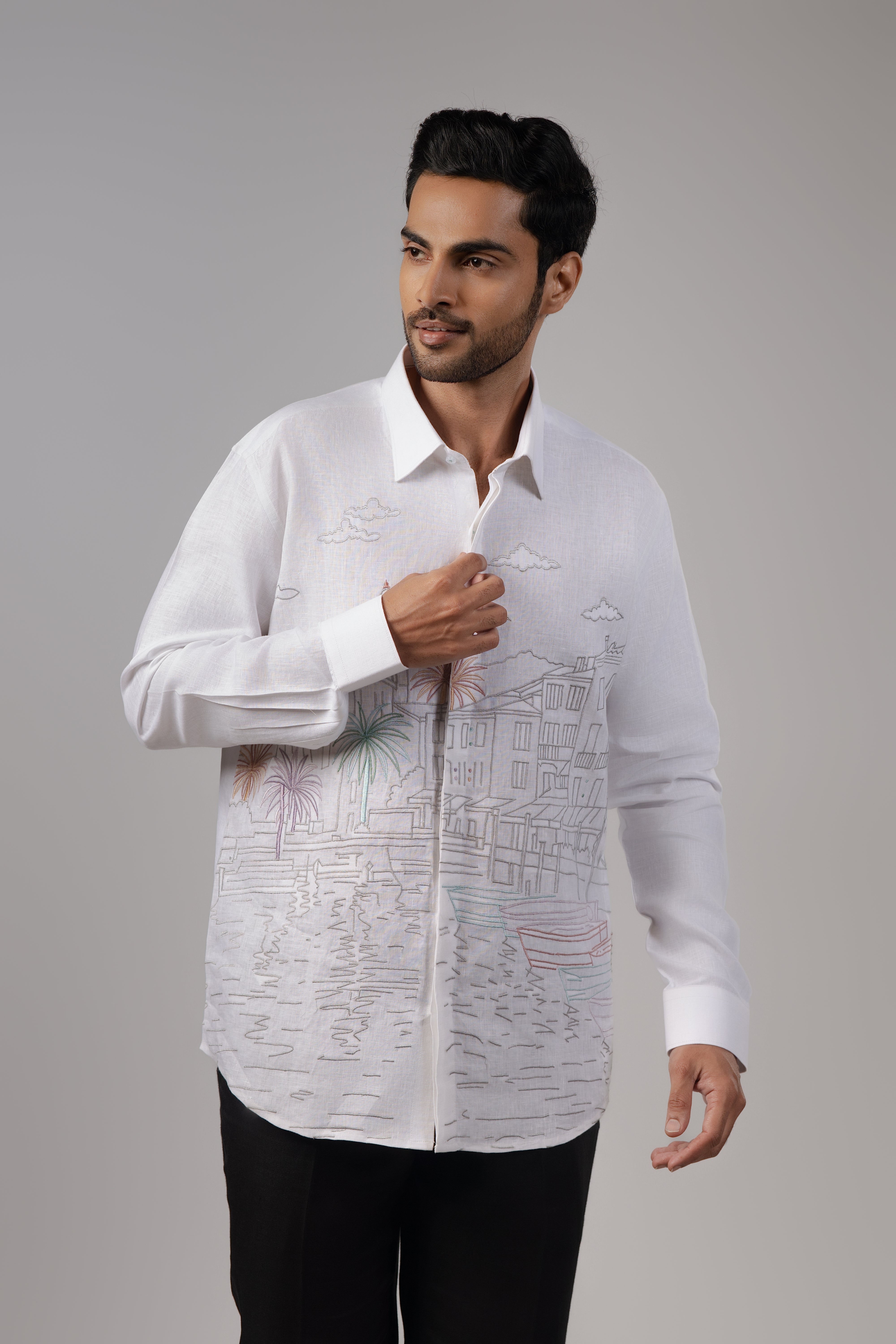 White Shirt with Mediterranean Cityscape Line-Art Embroidery