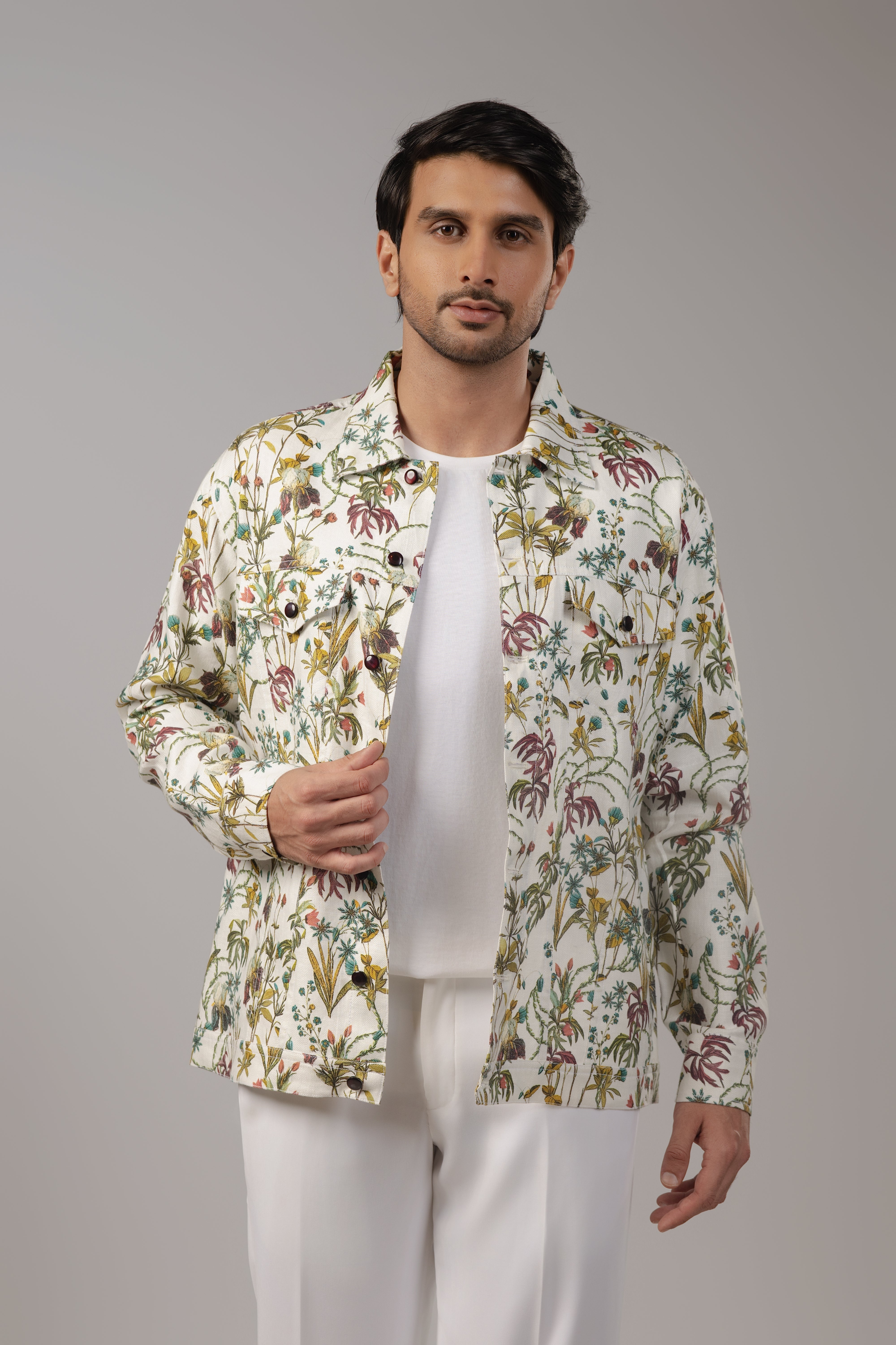 Wild Meadow Botanical Print Sacket with Gunmetal Snap Buttons