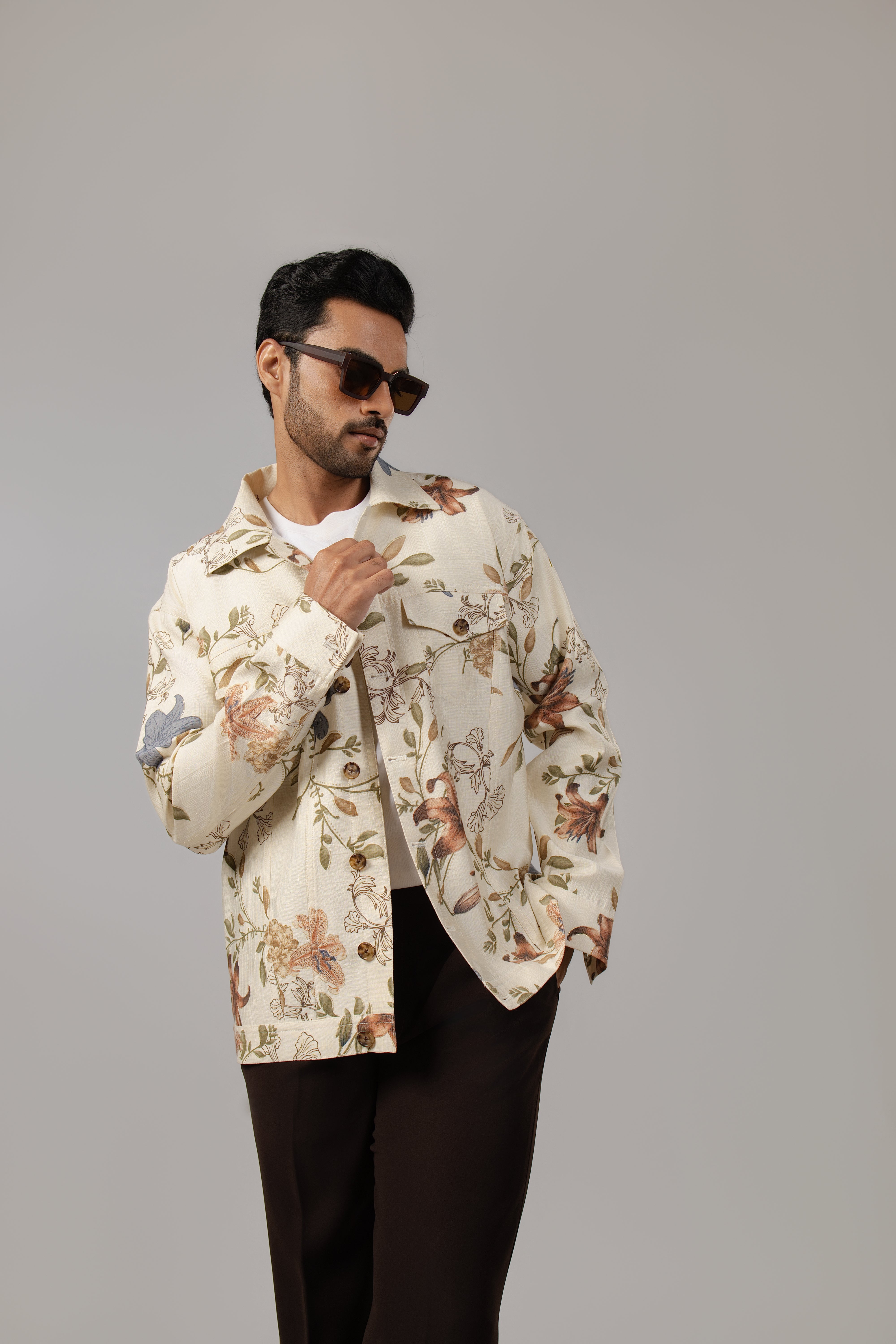 Cream Watercolour Botanical Print Sacket with Wide Lapel