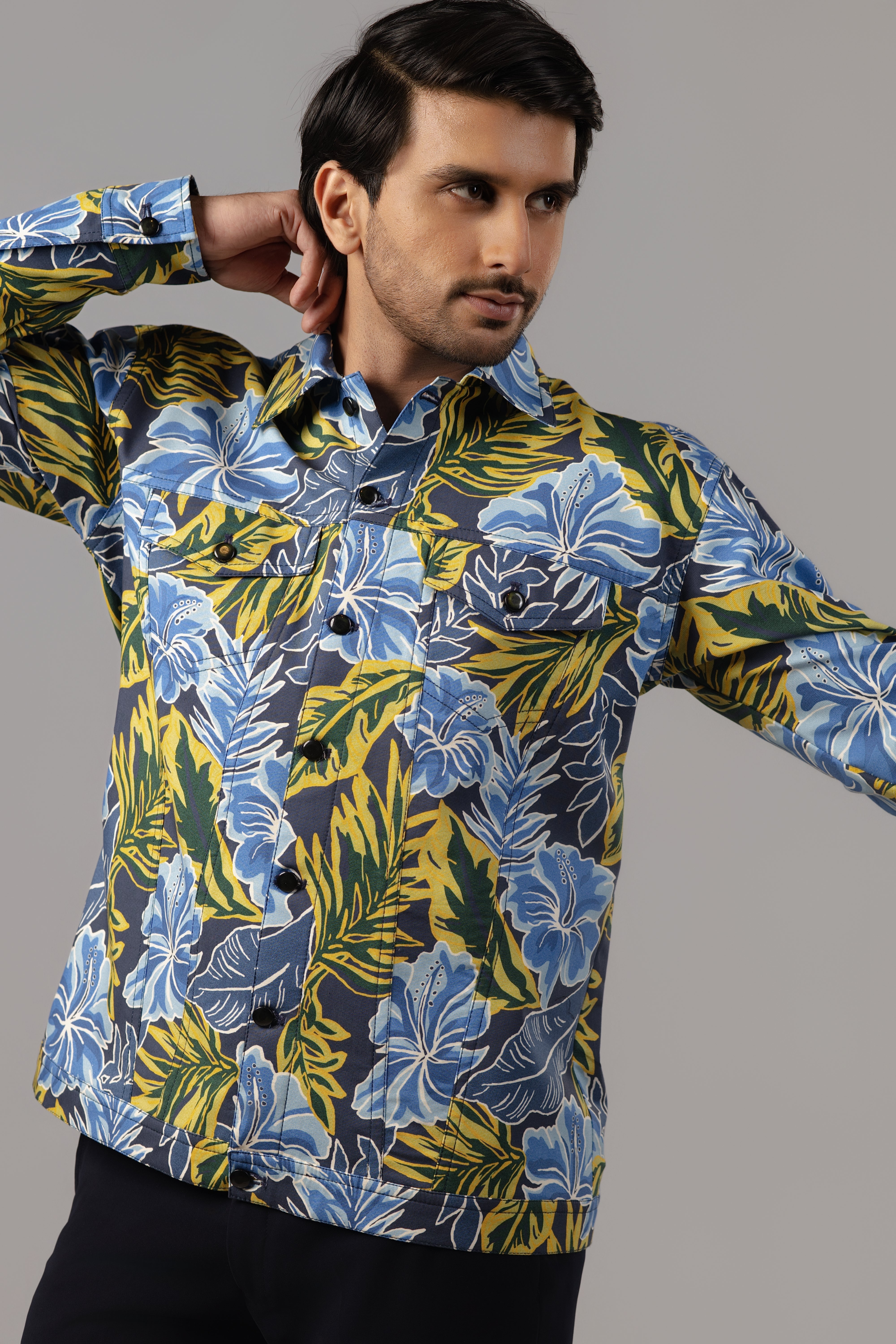 Tropical Bloom Full-Print Sacket in Blue Hibiscus and Gold Foliage