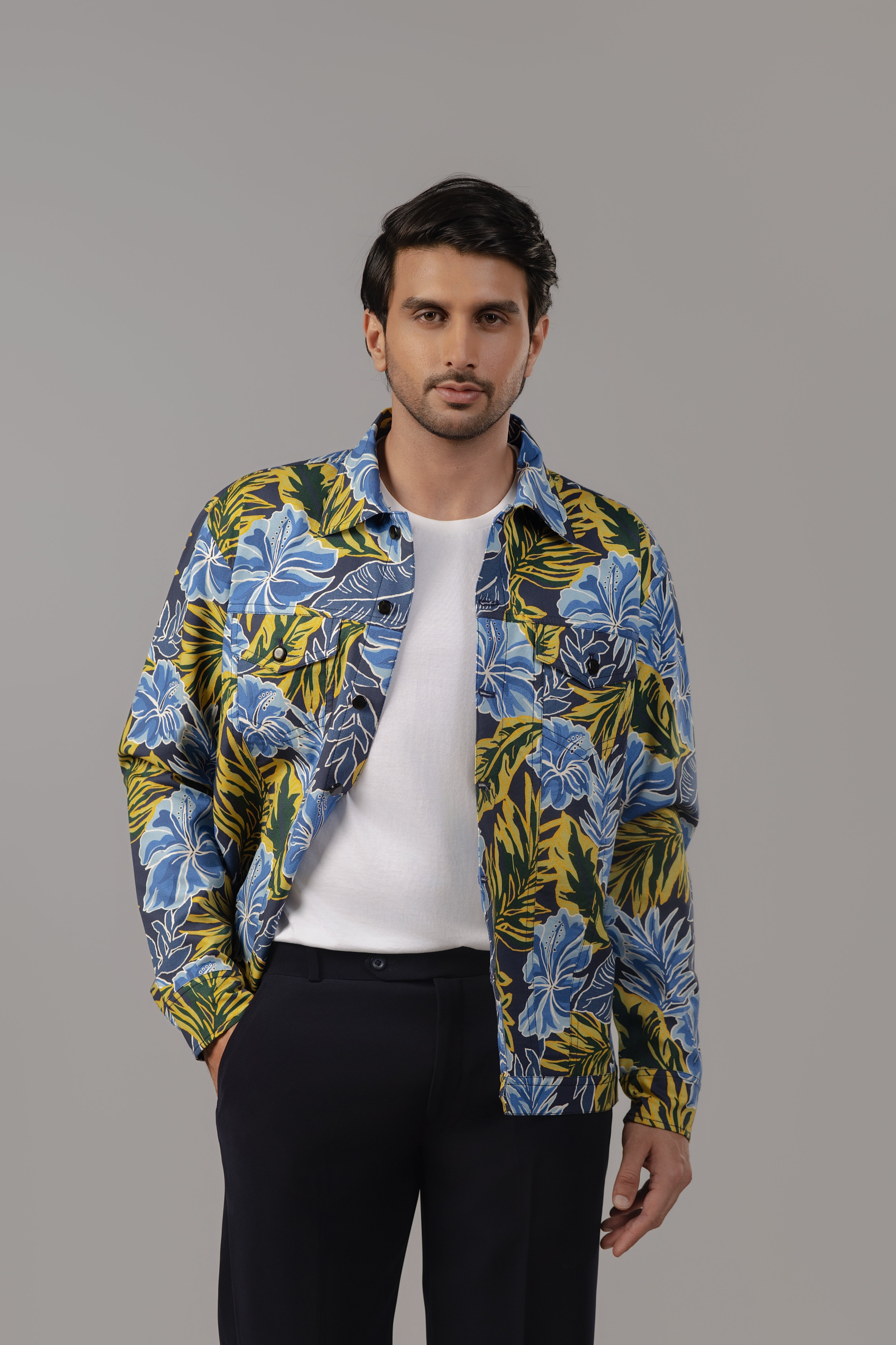 Tropical Bloom Full-Print Sacket in Blue Hibiscus and Gold Foliage