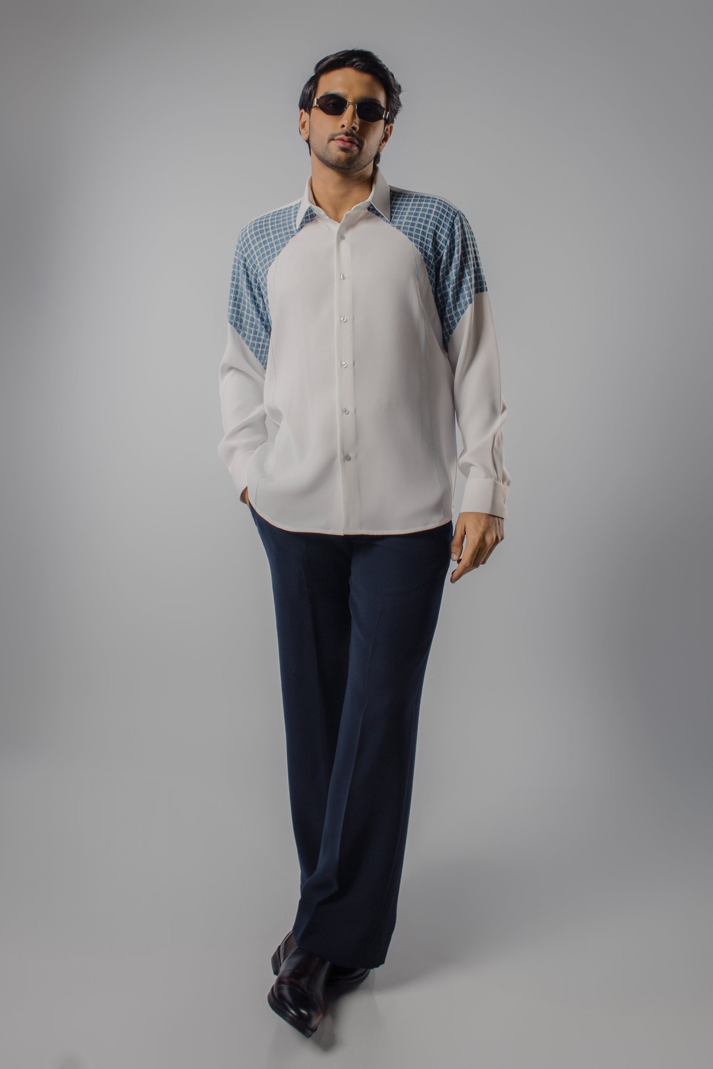 Off-White Shirt with Slate Blue Geometric Shoulder and Sleeve Panels
