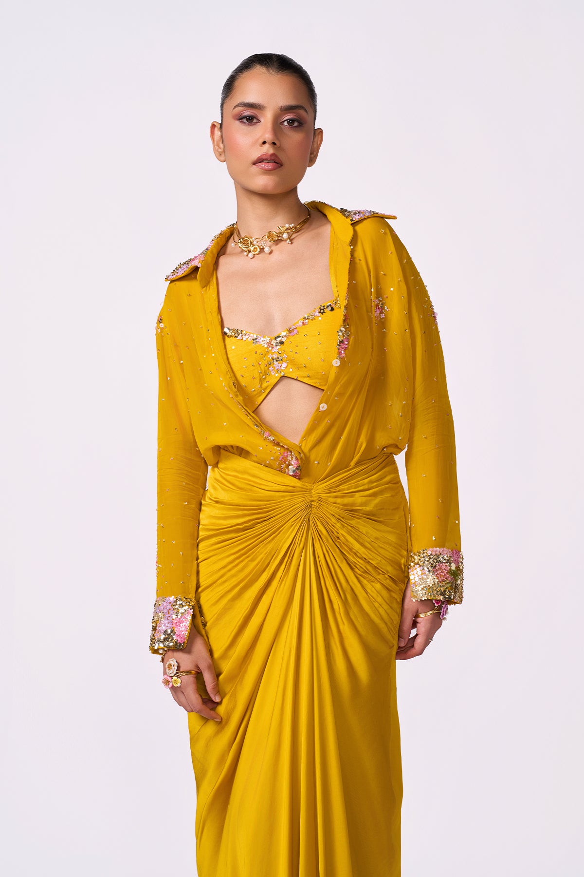 Yellow Pre Draped Saree