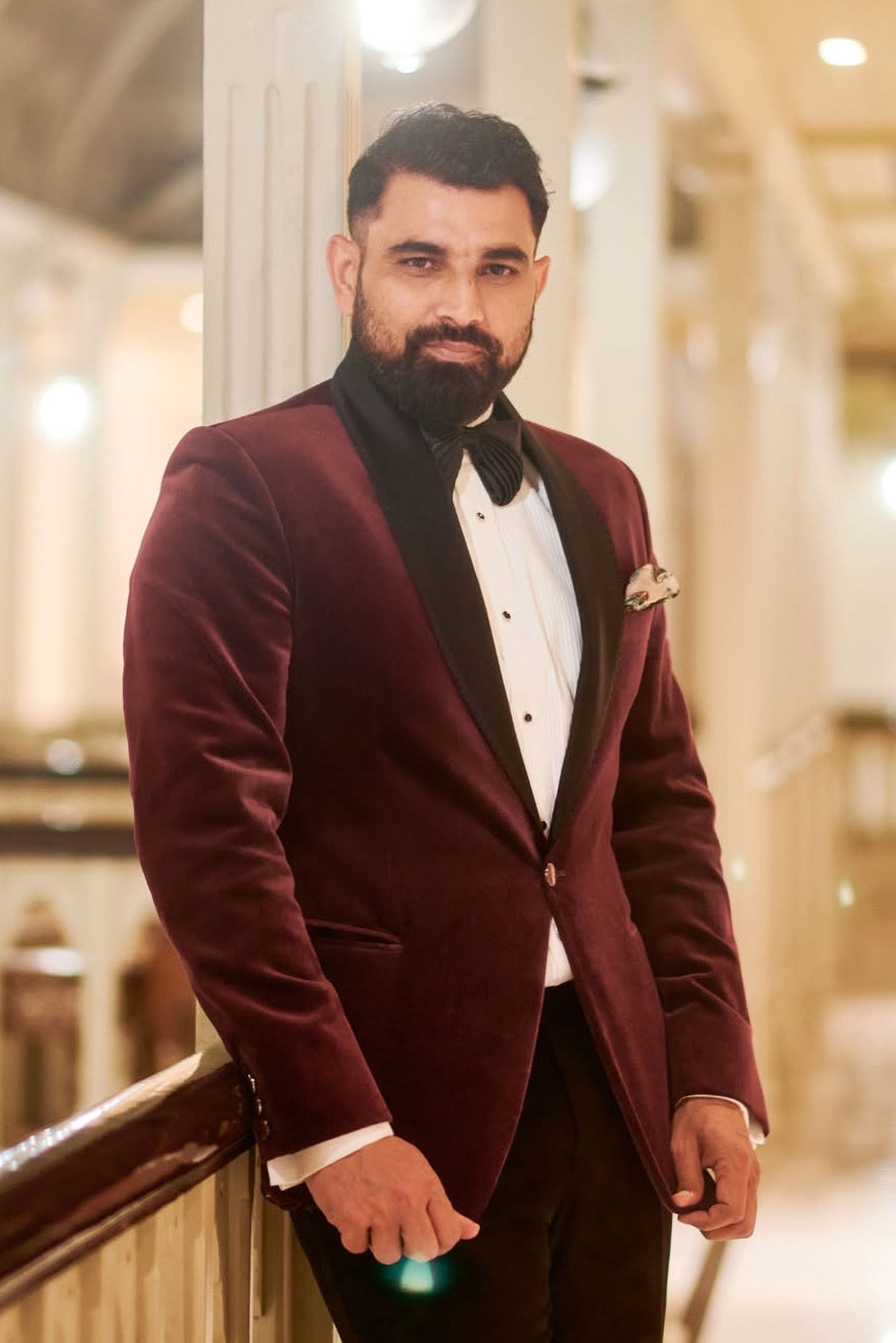 Mohammed Shami in Burgundy Velvet Tuxedo Blazer