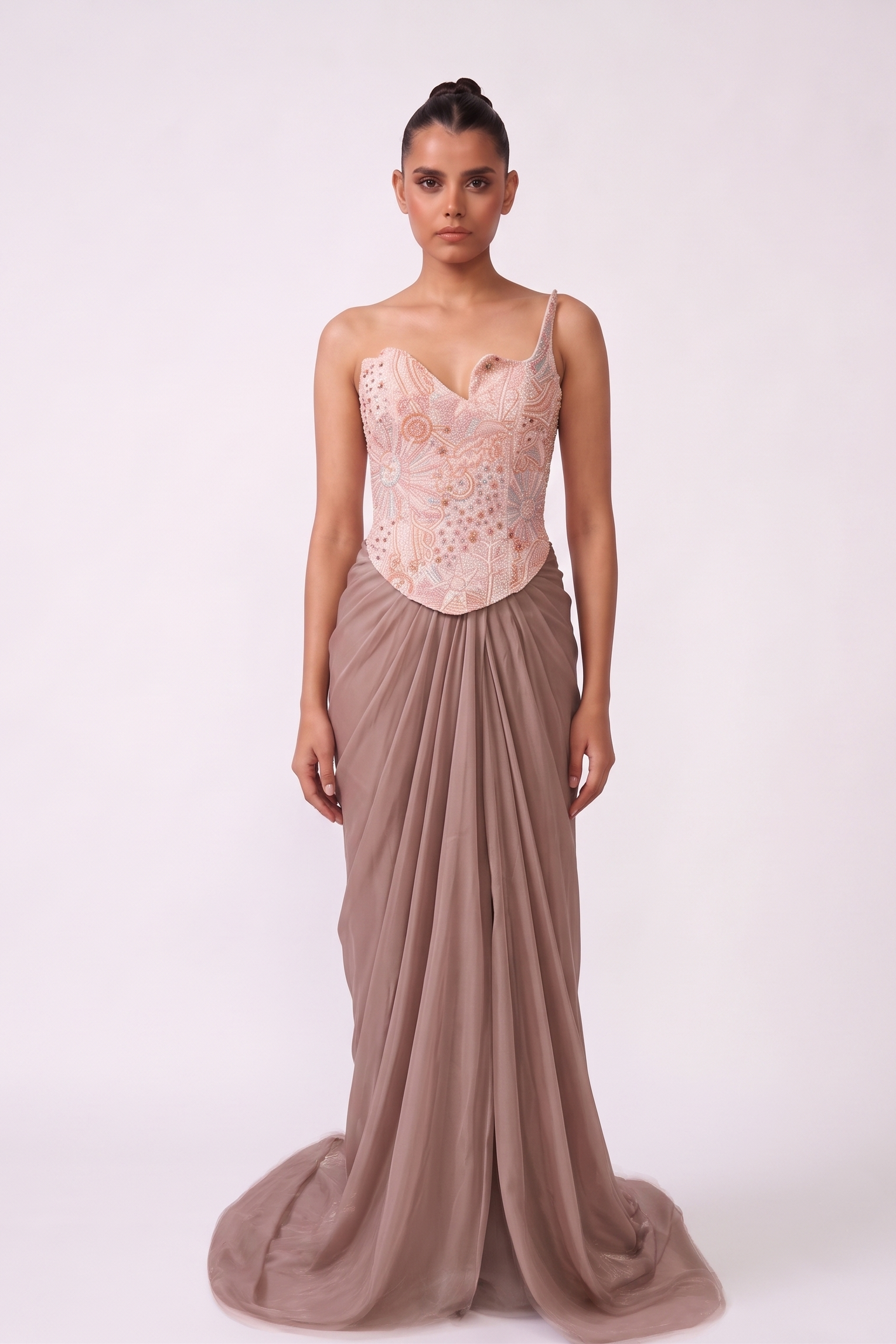 Rose Dust Embroidered Corset Draped Gown - full length view