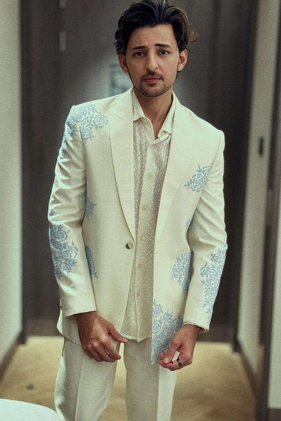 Darshan Raval in Ivory Blue Rose Embroidered Suit